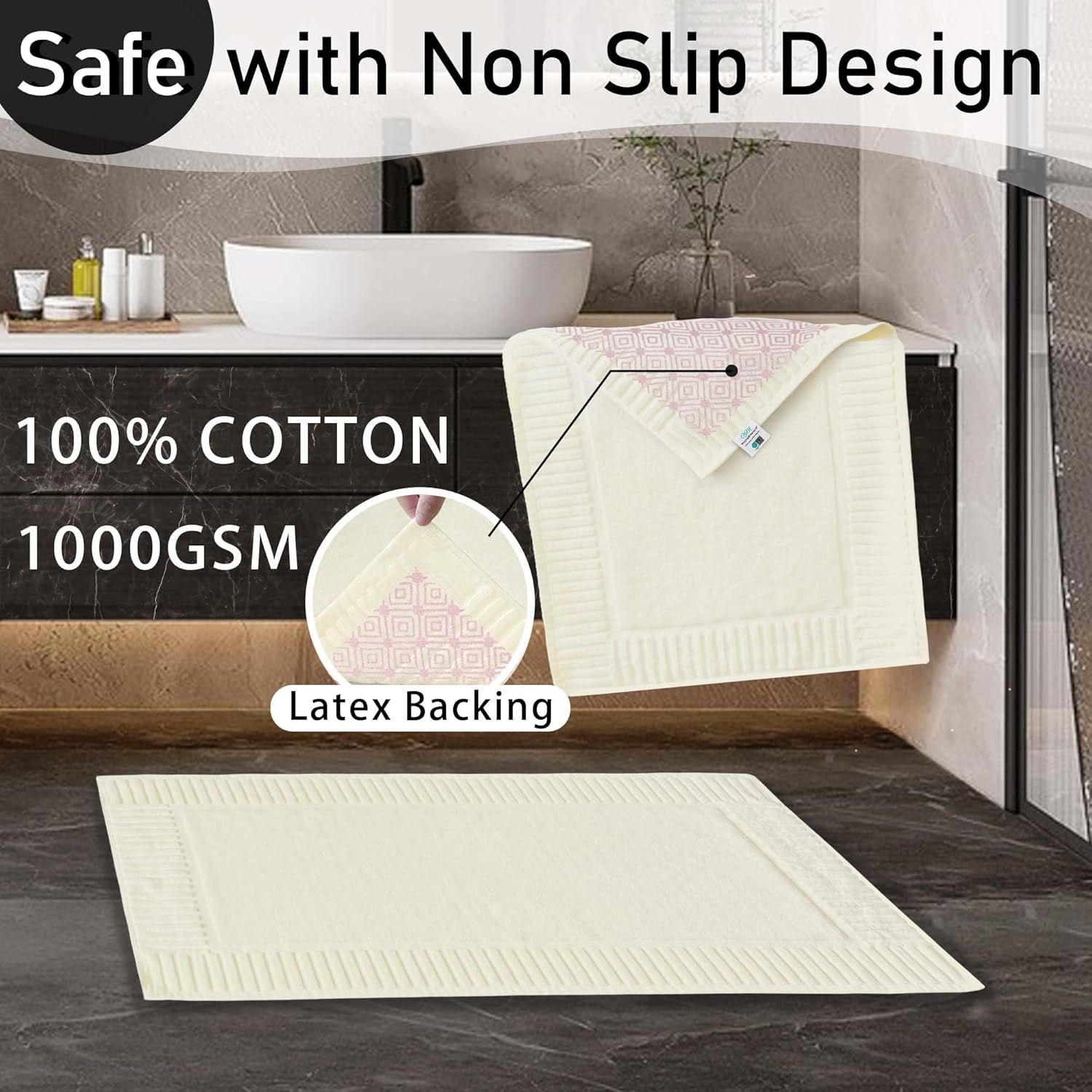 Non Slip Cotton Beige Bath Mats Set of 2 Bathroom Rugs - Thick 1000gsm , Absorbent, Machine Washable, Hotel-Grade Quality, Large 20"x34", Fade-Resistant Colors,Rubber Backed Bathroom Mats