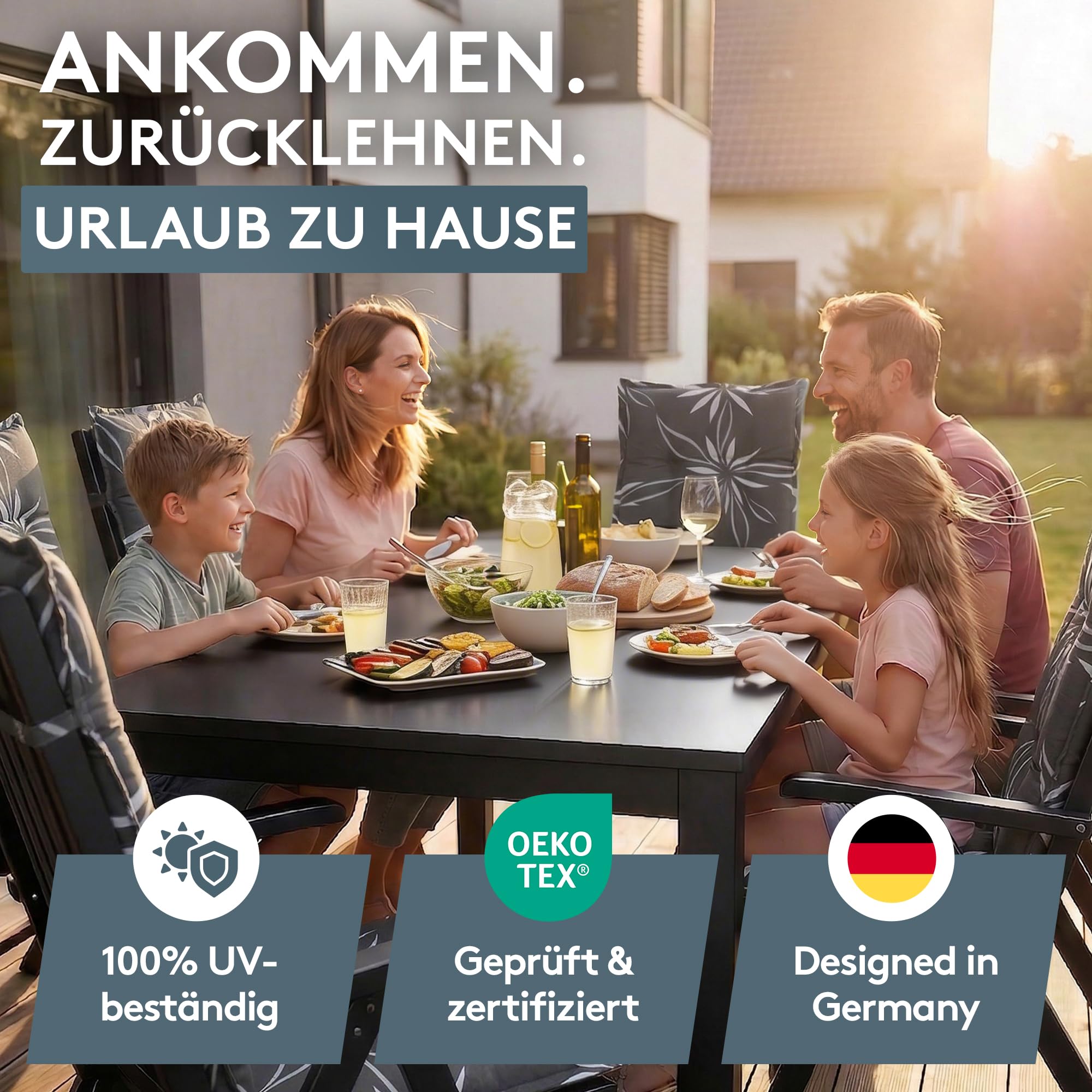 LILENO HOME Gartenstuhl Auflagen als [2er Set - Hochlehner] in Blume Anthrazit-Weiß - Bequeme Liegen als Sitzauflagen für Gartenmöbel - Stuhlkissen für Gartenstühle und Klappstühle