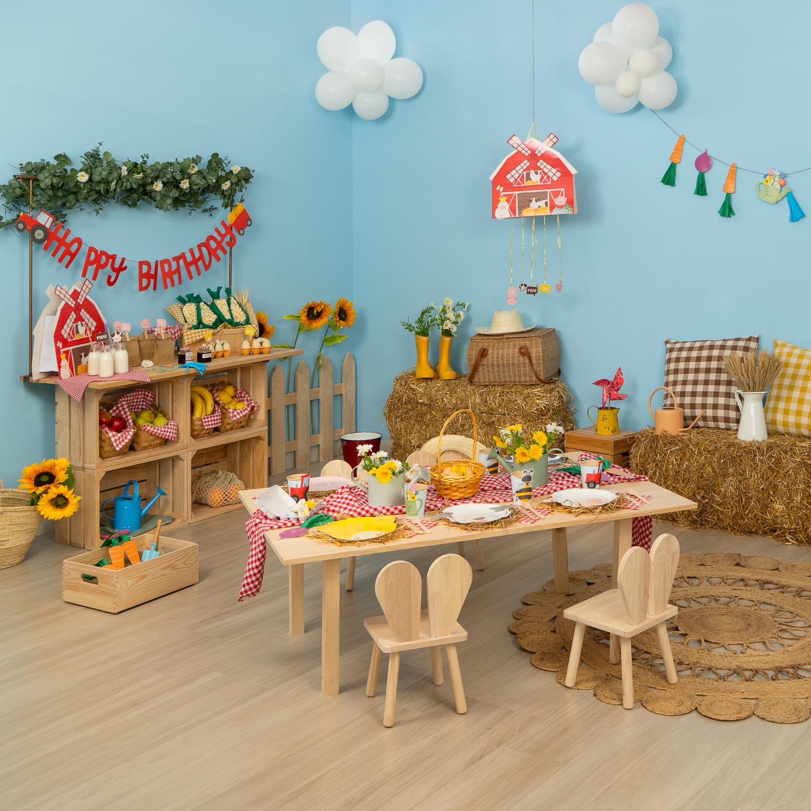 OH YEAH - Vajilla Fiesta de Cumpleaños Granja - Cumpleaños Infantil 12 Personas - 103 piezas - Decoración Vajilla Cumpleaños Infantil Temático - Kit Mesa Granja - Platos y Vasos para Cumpleaños