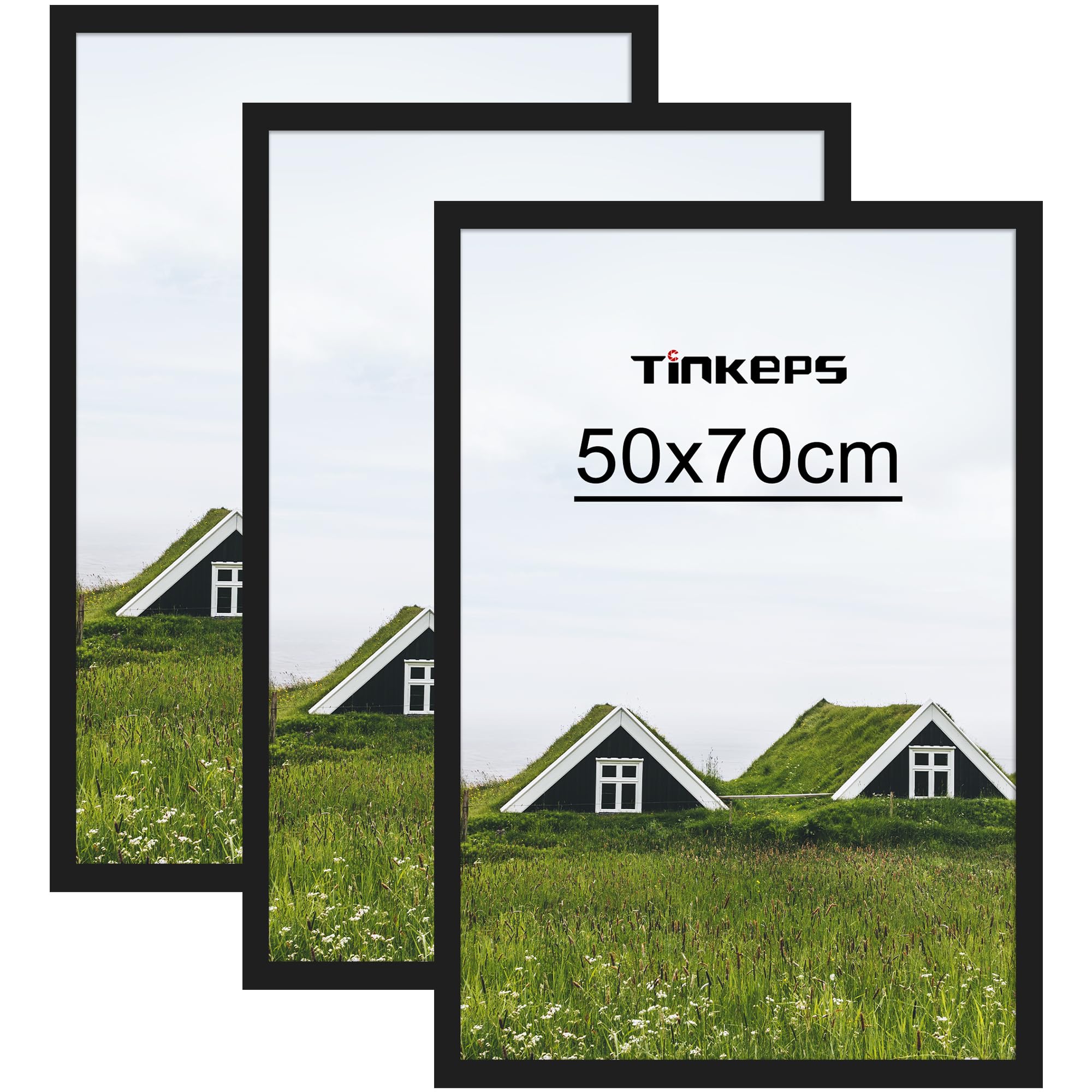 Cadre 50x70 cm, Lot de 3 Cadre Photo Noir, à Suspendre Horizontalement ou Verticalement au Mur, avec Plaque en Acrylique Transparent et Incassable