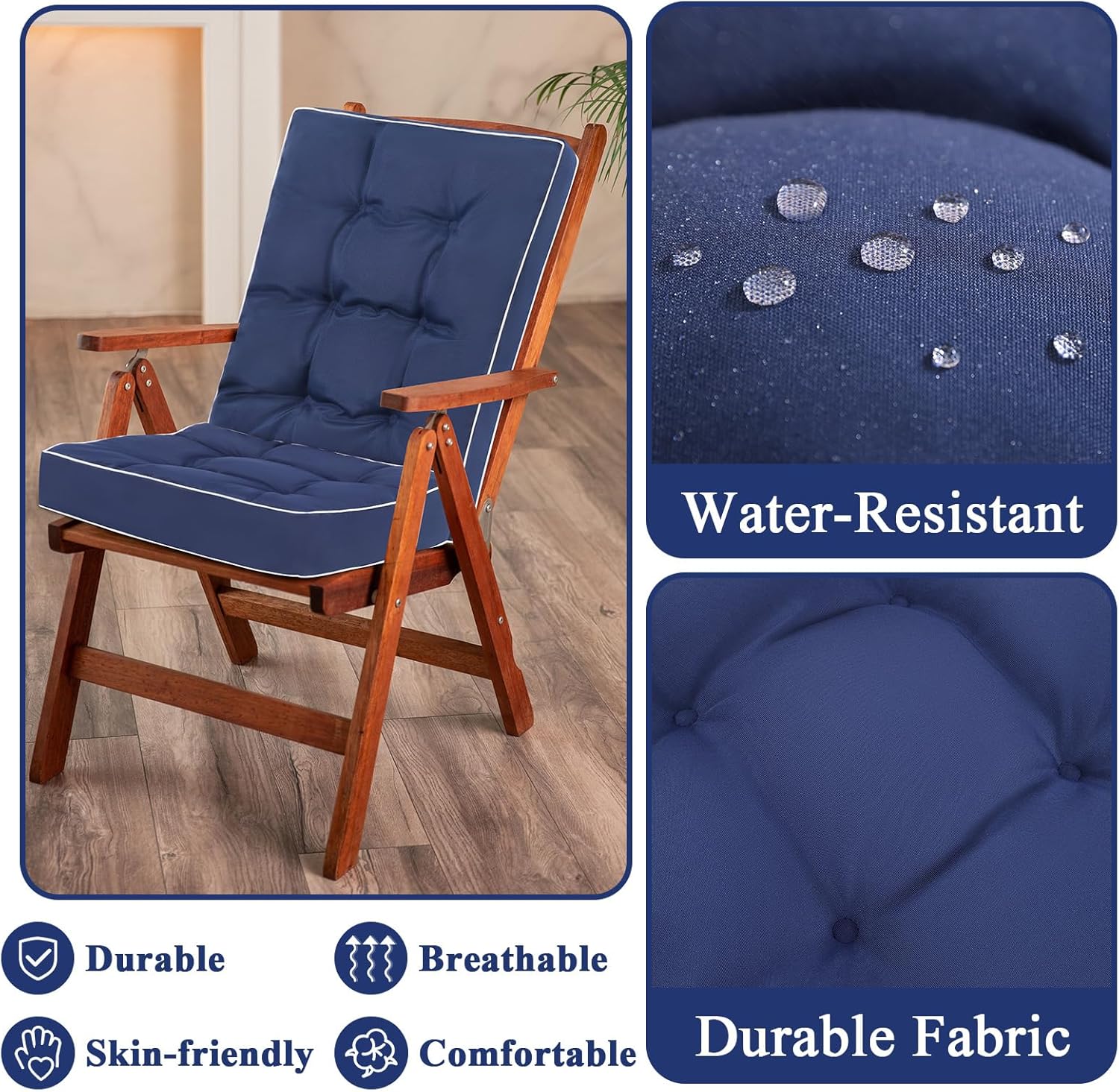 Topotdor Jumbo Rocking Chair Cushions Indoor, Tufted Rocking Chair Seat Cushion for Patio Furniture, Water Resistant Rocking Chair Pads with Ties for Nursery Balcony Chair, Blue