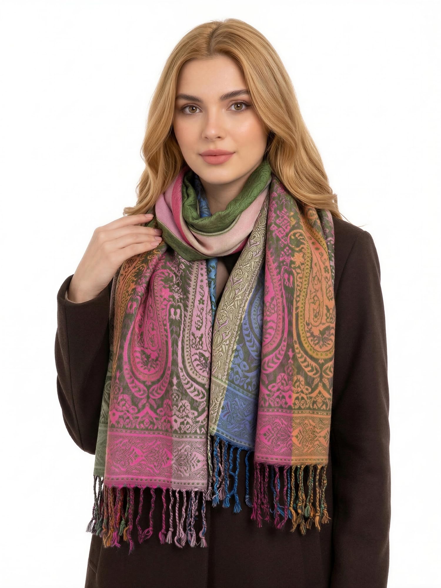 Women Pashmina Scarf Shawl Wrap - Large Long Paisley Floral Rainbow Ladies Scarves, Wearable Blanket Scarf, Womens Winter Scarfs, Indian Shawl Wedding Evening Stole, Head Scarf (Green)