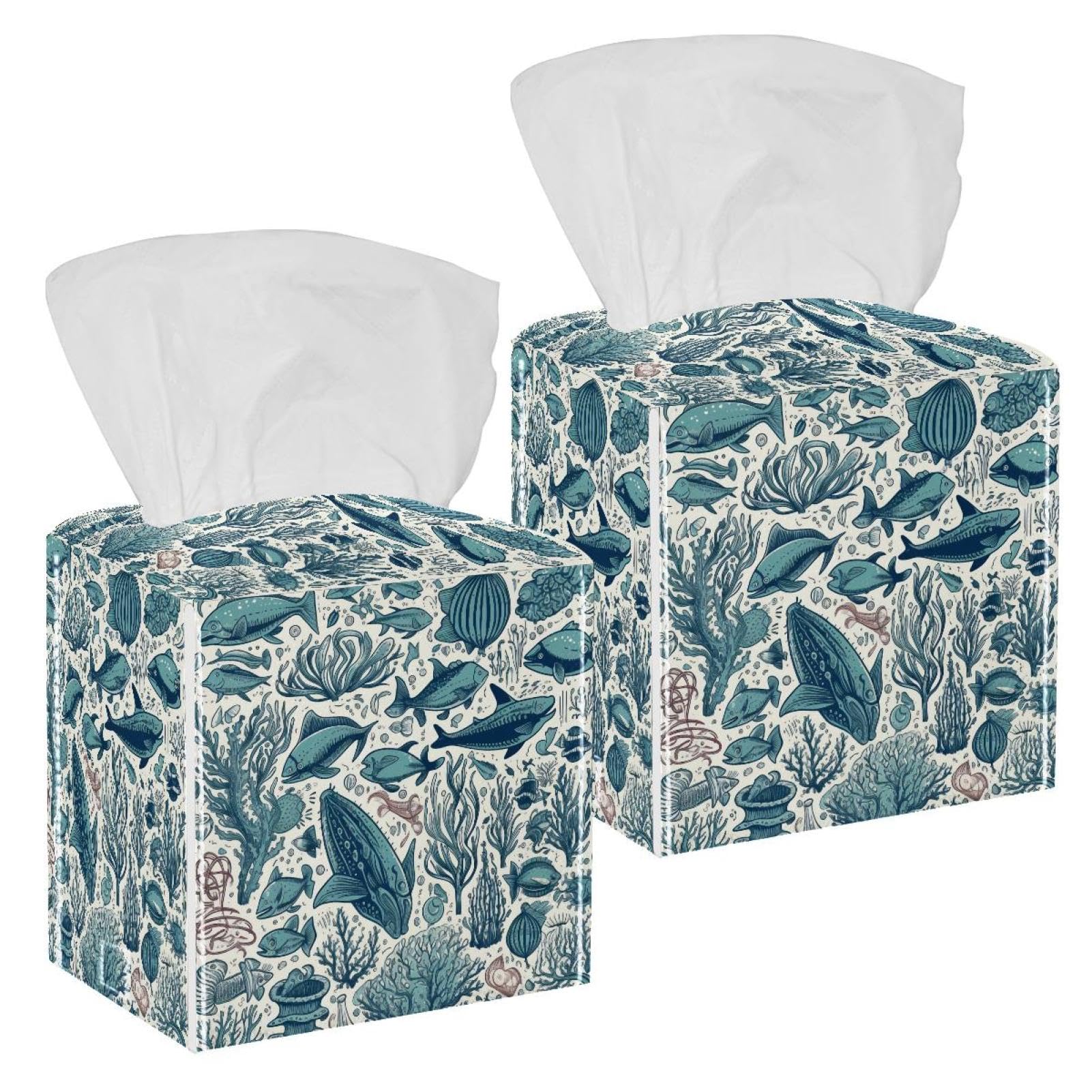 Underwater World Tissue Box Cover, 2 Pack PU Leather Square Facial Tissue Dispenser Box holder for Home Office Car