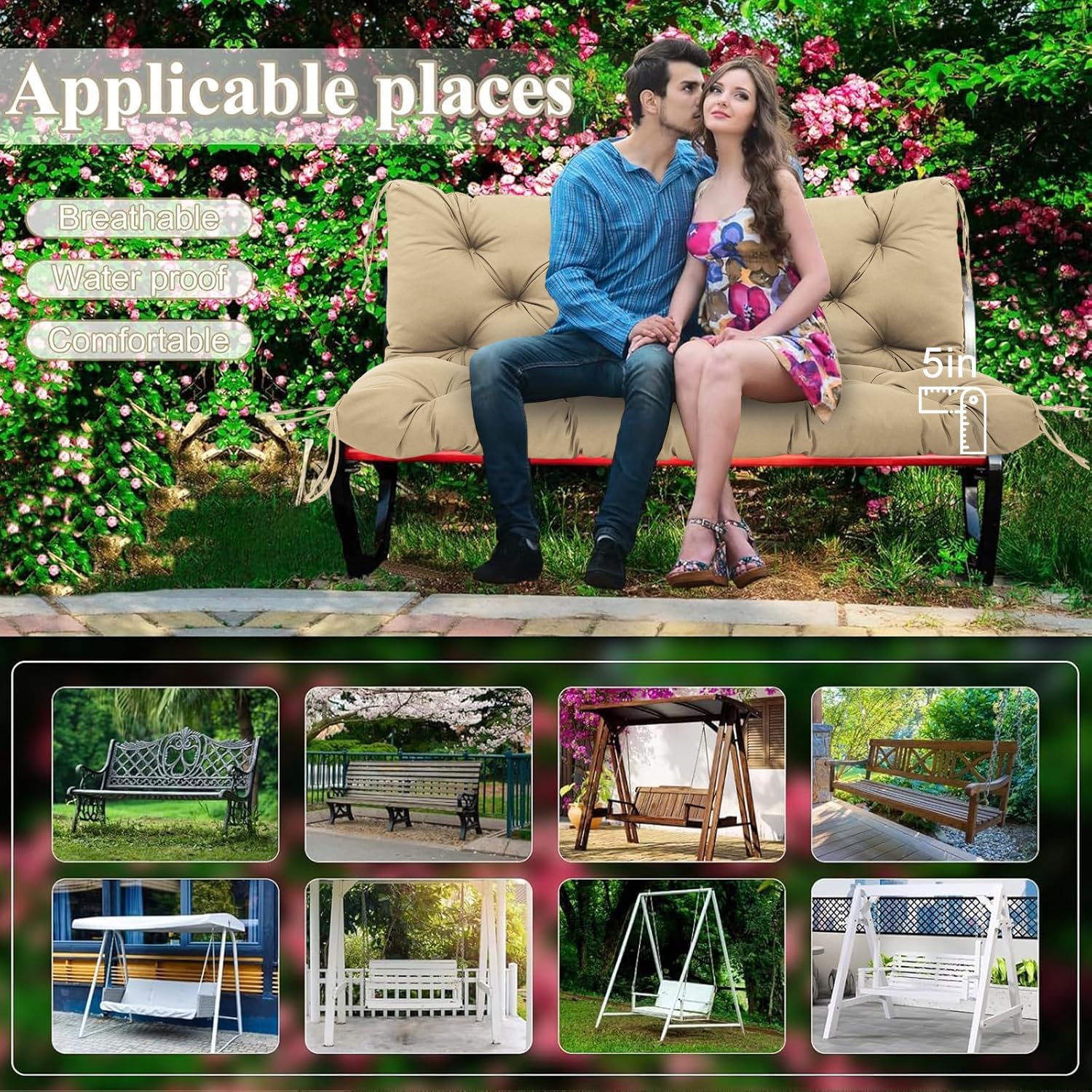 Color Brown Extra Thick 5 Porch Swing Cushions Outdoor 60 inch x 40 with Backrest & 8 Ties Khaki Waterproof Swing Cushions 3 Seater Replacement for Outdoor Furniture Bench Patio Garden