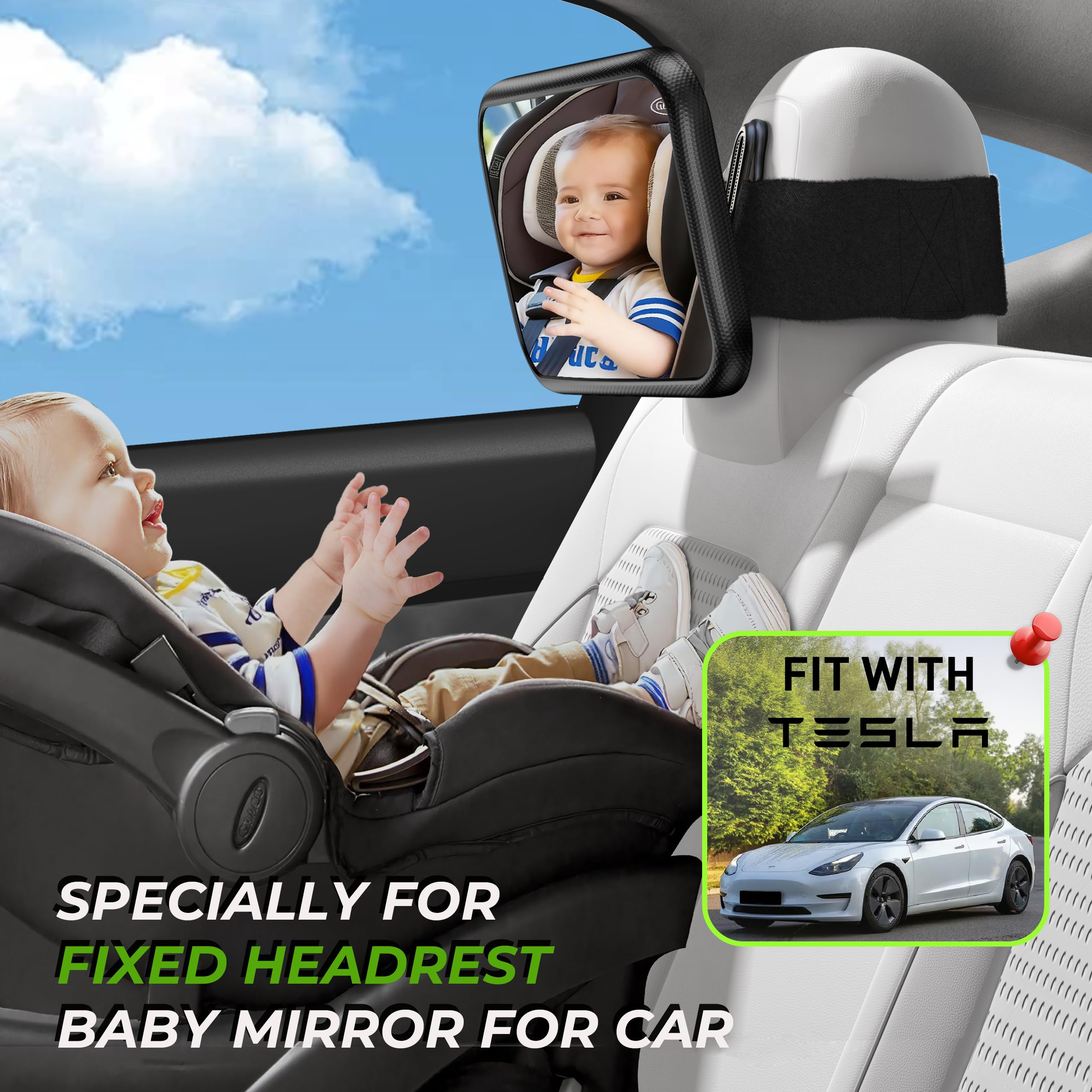 Fixed Headrest Baby Car Mirror Fit Tesla Car Back Seat, Safety Rear Facing Mirror, 100% Shatterproof & Shake-Proof - Image 2