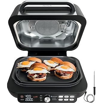 Ninja IG601 Foodi XL 7-in-1 Electric Indoor Grill Combo, use Opened or Closed, Air Fry, Dehydrate & More, Pro Power Grate, Flat Top Griddle, Crisper, Black, 4 Quarts