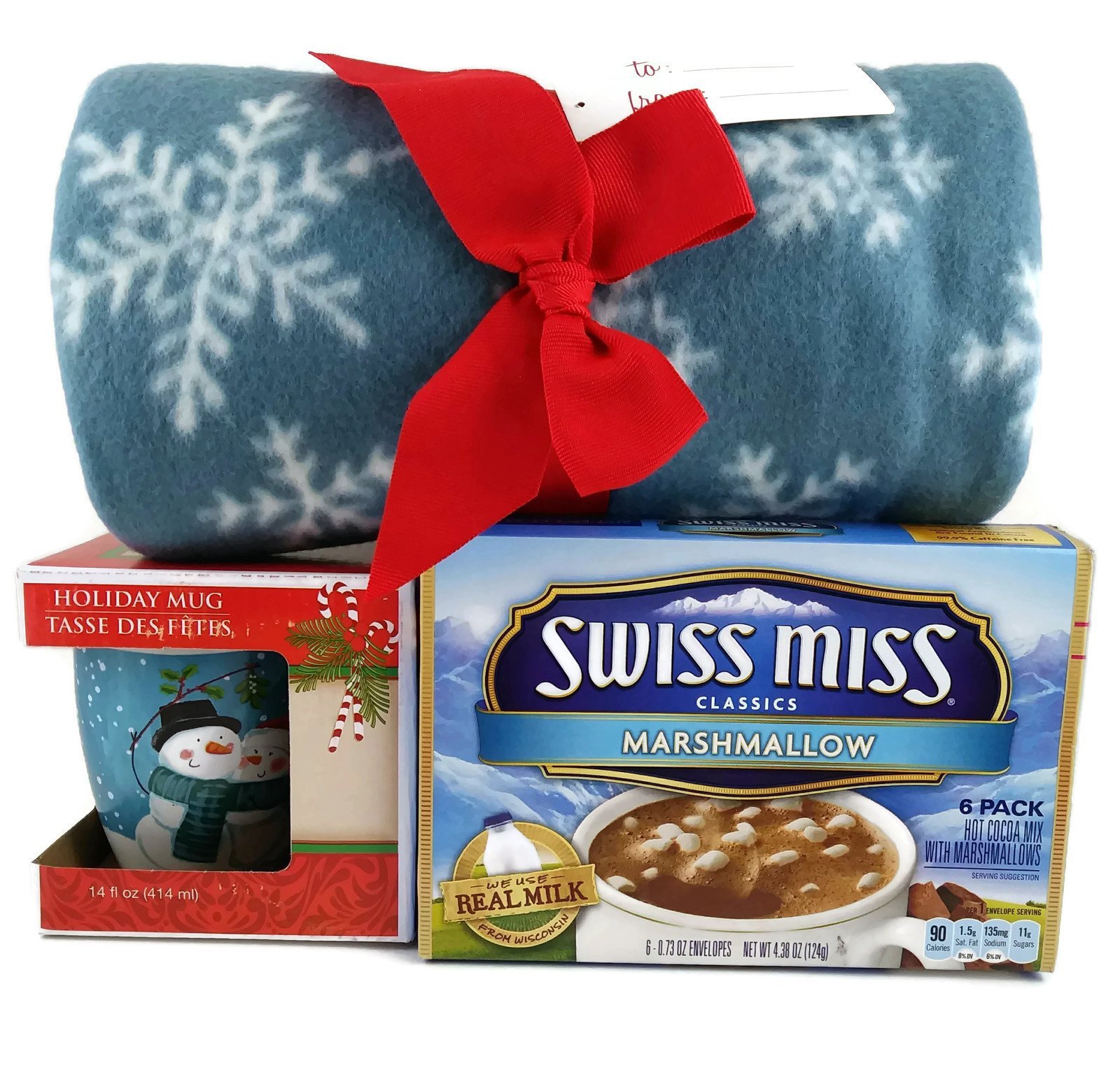 Let It Snow Bundle: One Cozy Blue Fleece Throw with Snowflakes, One Box of Swiss Miss Cocoa with Marshmallow, One Mr. and Mrs. Snowman Mug