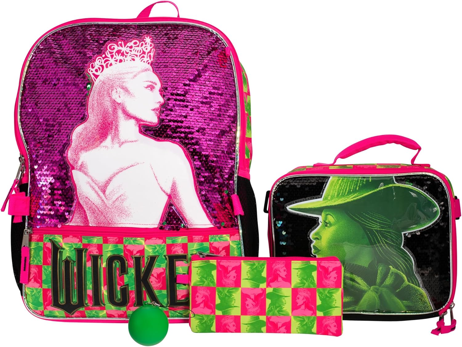 AI ACCESSORY INNOVATIONS Wicked 5 Piece Backpack Set, Galinda & Elphaba Flip Sequin Girls School Bag with Front Zip Pocket, 2 Side Mesh Pockets, Pink & Green