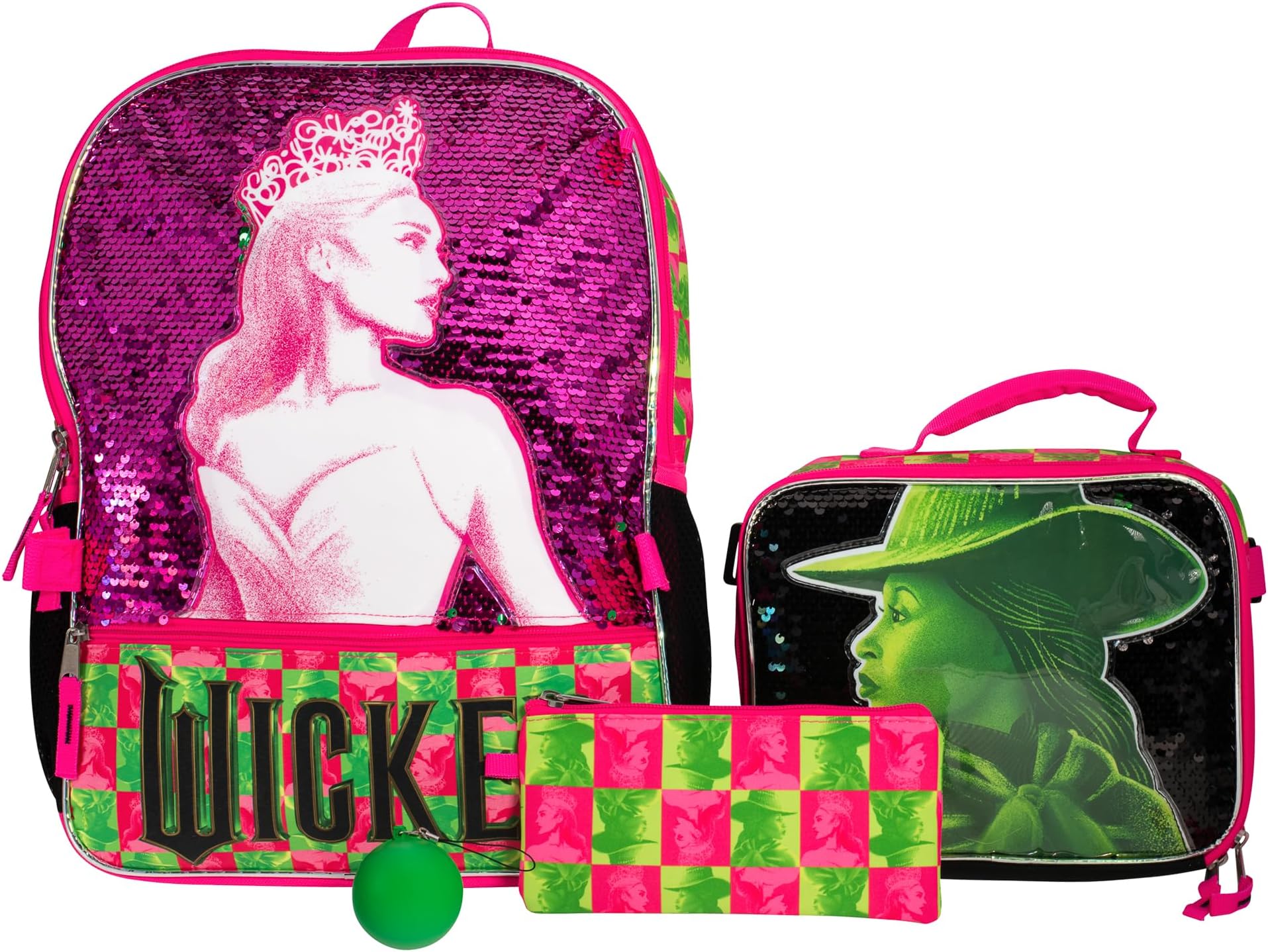 Wicked 5 Piece Backpack Set, Galinda & Elphaba Flip Sequin Girls School Bag with Front Zip Pocket, 2 Side Mesh Pockets, Pink & Green