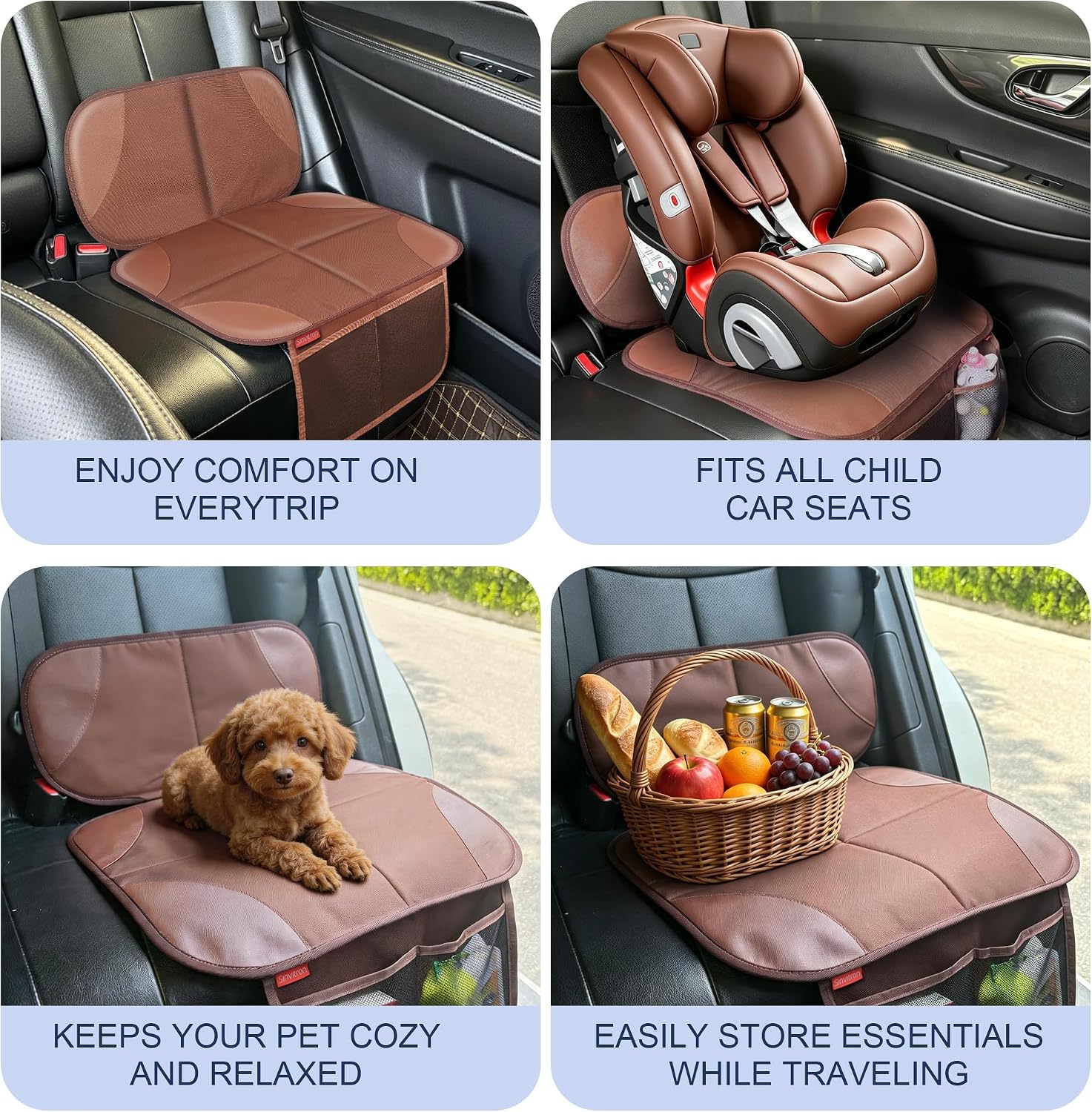 Sinvitron Car Seat Protector for Kids, Anti-Slip Thick Padding, Seat Mark Protection, 2 Storage Pockets for Toys & Snacks, Universal Fit for Most Vehicles (Brown, 2 Pack)