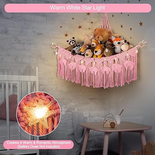 Vista 20 de ANROYE Hamaca de red de juguetes de peluche de macramé con luz de estrella, pequeños peluches bohemios, almacenamiento para guardería, organizador