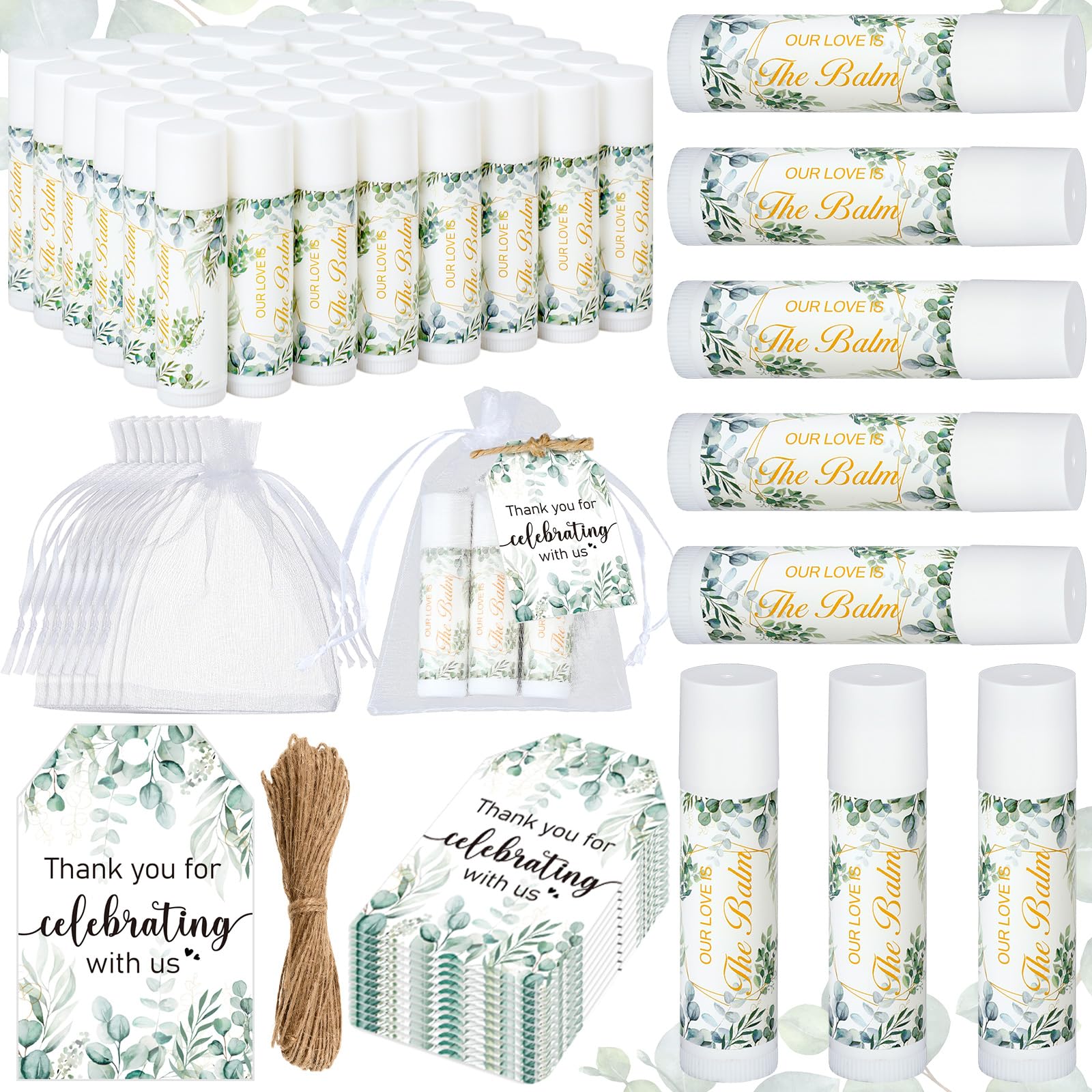 Dunzy 50 Set Bridal Shower Favors for Guests Lip Balm Gifts Bulk Wedding Favors Sage Green Eucalyptus Bachelorette Souvenir Favor Bridesmaid Proposal Stuffer 50 Organza Bag 50 Tag