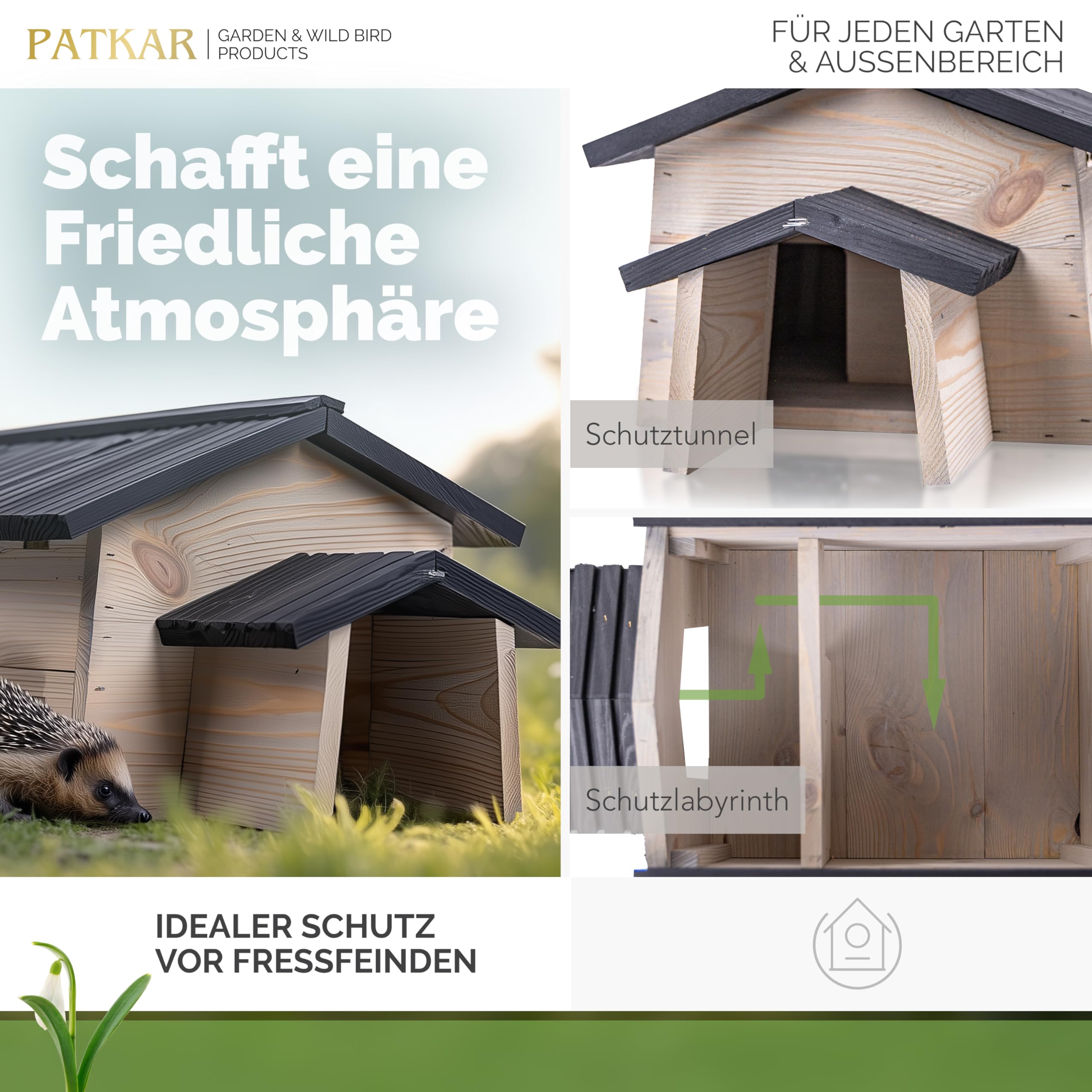 PATKAR Igelhaus Winterfest mit Boden Premium Igelfutterhaus Made in Europe Igel Haus Schlafhaus Futterhaus