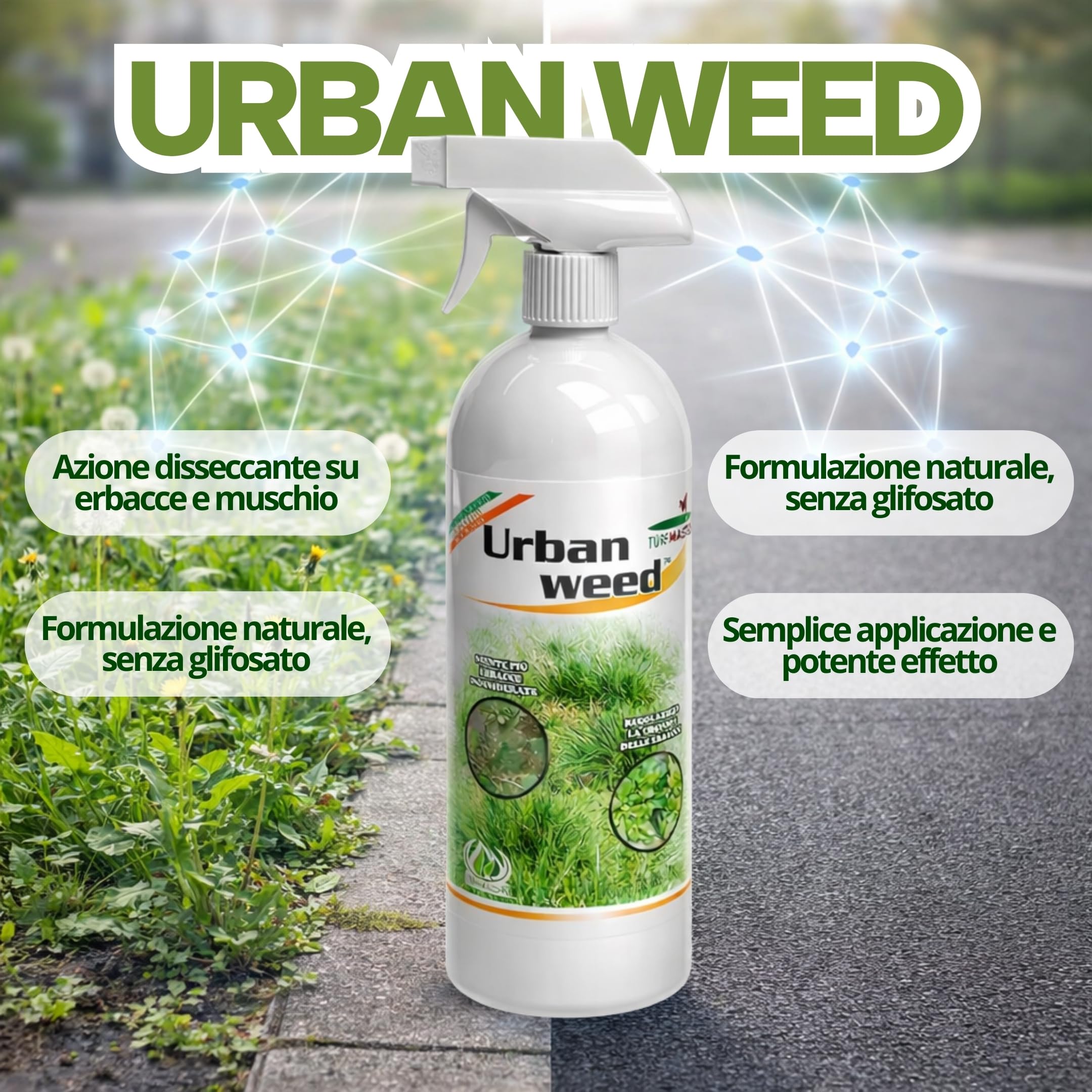 Dissecante per Erba Totale Spray Naturale 1L Alternativa al Diserbante Totale Potente, Senza Glifosato, per Erbacce, Muschio e Vegetazione Indesiderata Pronto all’Uso Eco-Sostenibile