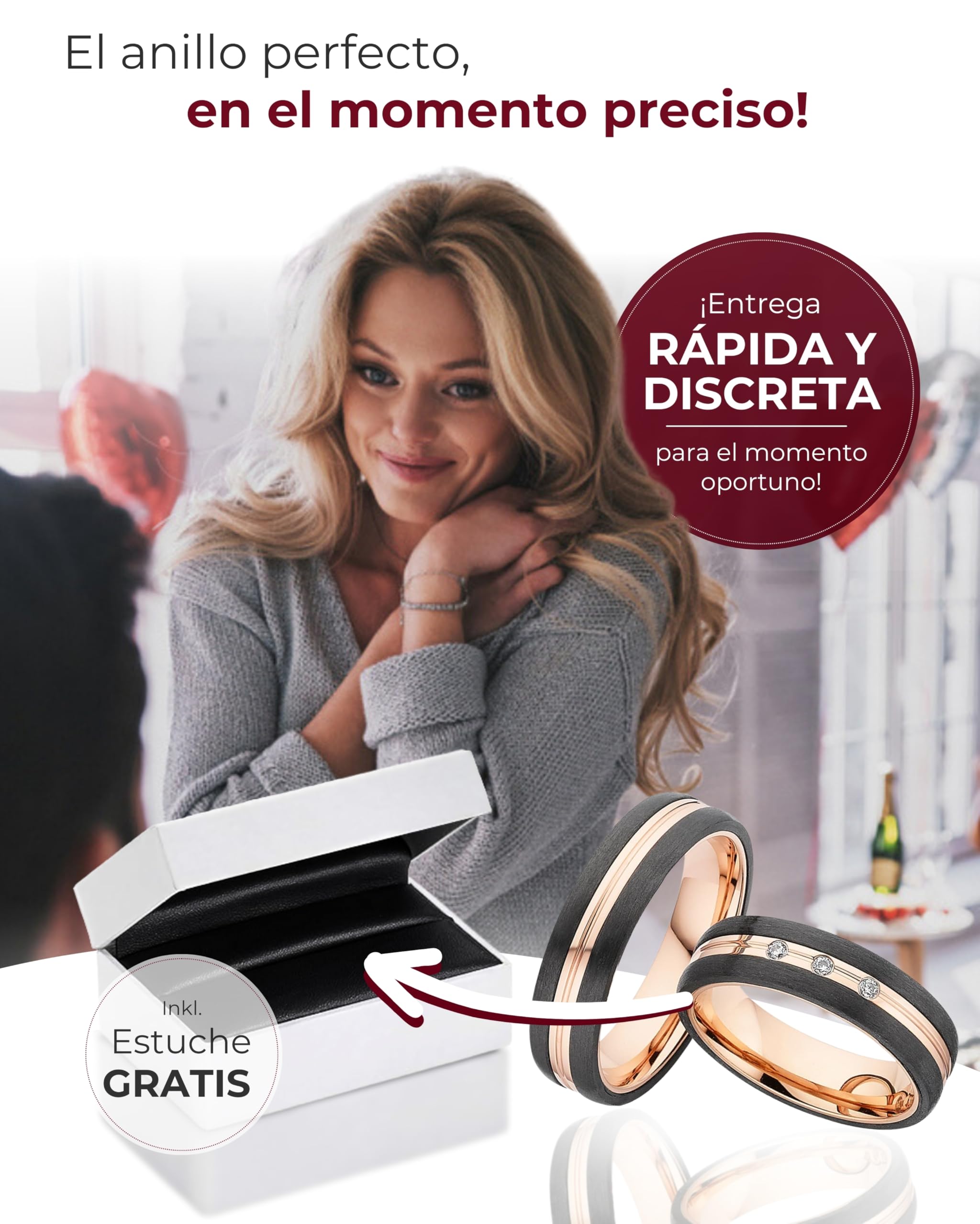 123traumringe Anillos de boda de carbono, titanio y con baño de oro rosado, precio por par con circonitas, incluye grabado, alianzas de titanio para él y ella, anillos de boda, P36