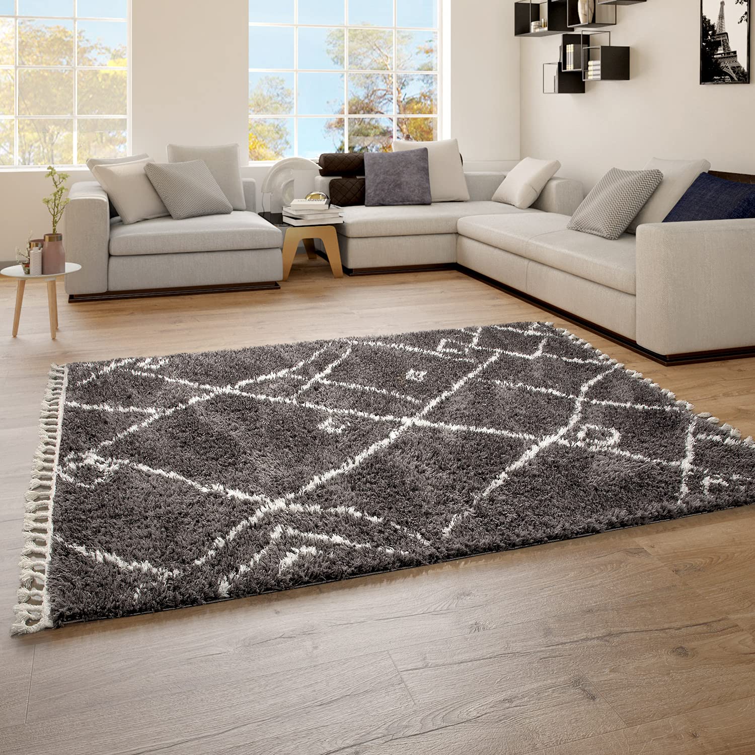 TT Home Tapis De Salon Tapis Shaggy Poil Long Abstrait avec Franges Tapis Scandinave, Couleur: Anthracite, Dimension:140x200 cm