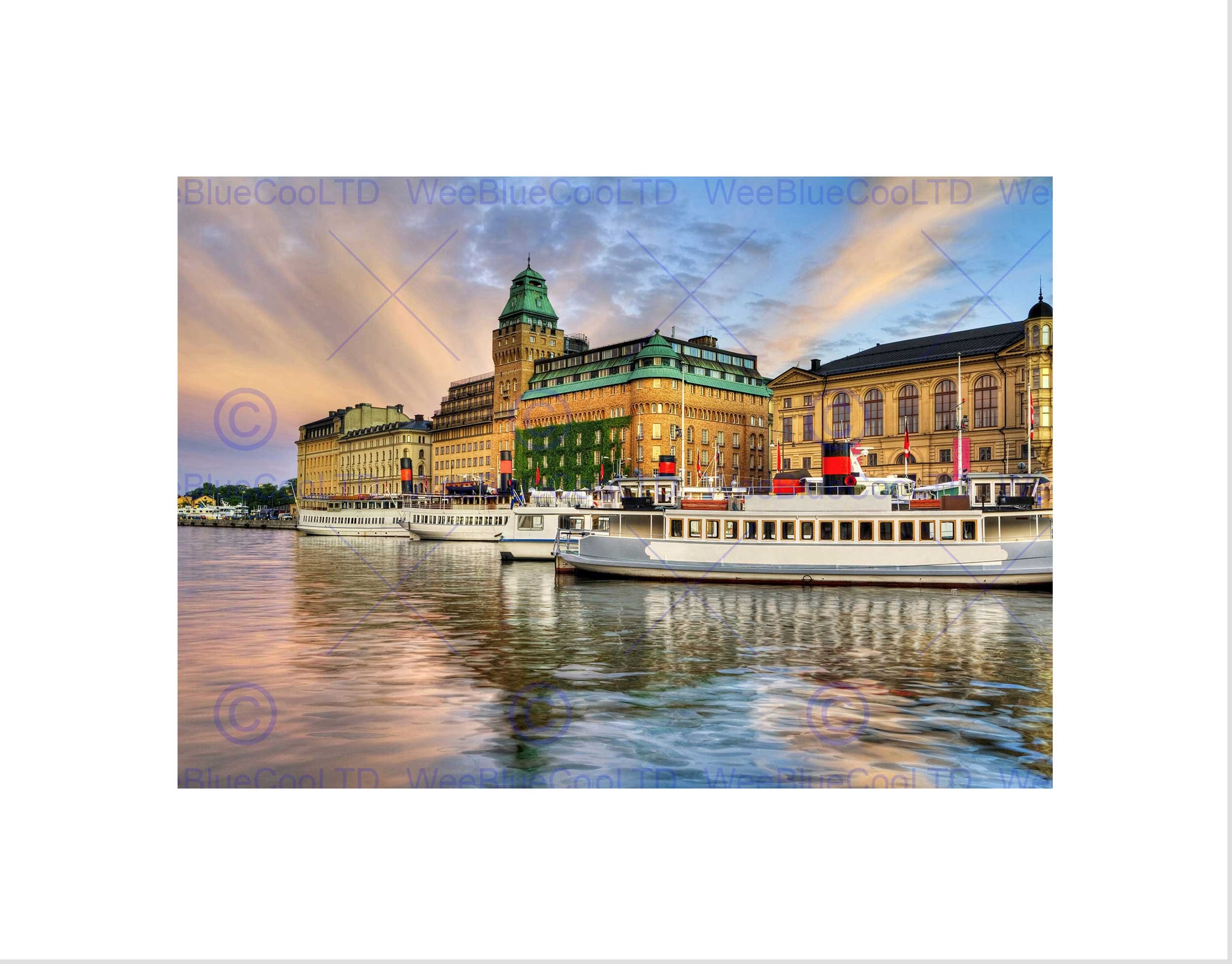 Wee Blue Coo Boats Stockholm Sweden Harbour Cityscape Picture Wall Art Print