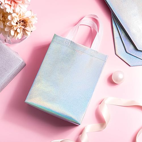 Miniatura 8 de WRAPAHOLIC Paquete de 12 bolsas de regalo reutilizables color plata iridiscente con asas, tamaño mediano de 8 x 4 x 10 pulgadas, perfectas para