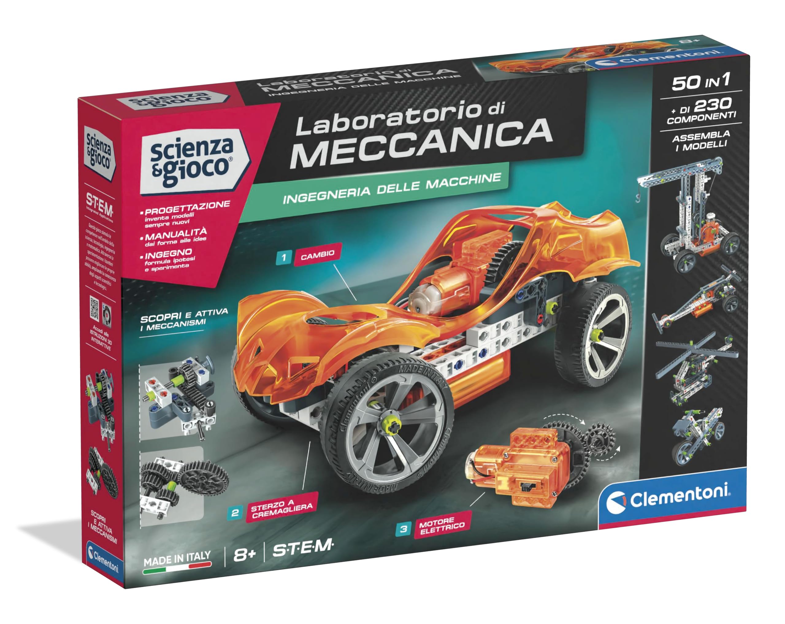 Clementoni Scienza e Gioco Build - Ingegneria delle Macchine, Set Costruzioni Bambini 8+ Anni, 50 Modellini Come Auto, Gru, Elicotteri per Scoprire la Meccanica, Made in Italy, Lingua Italiana, 19384