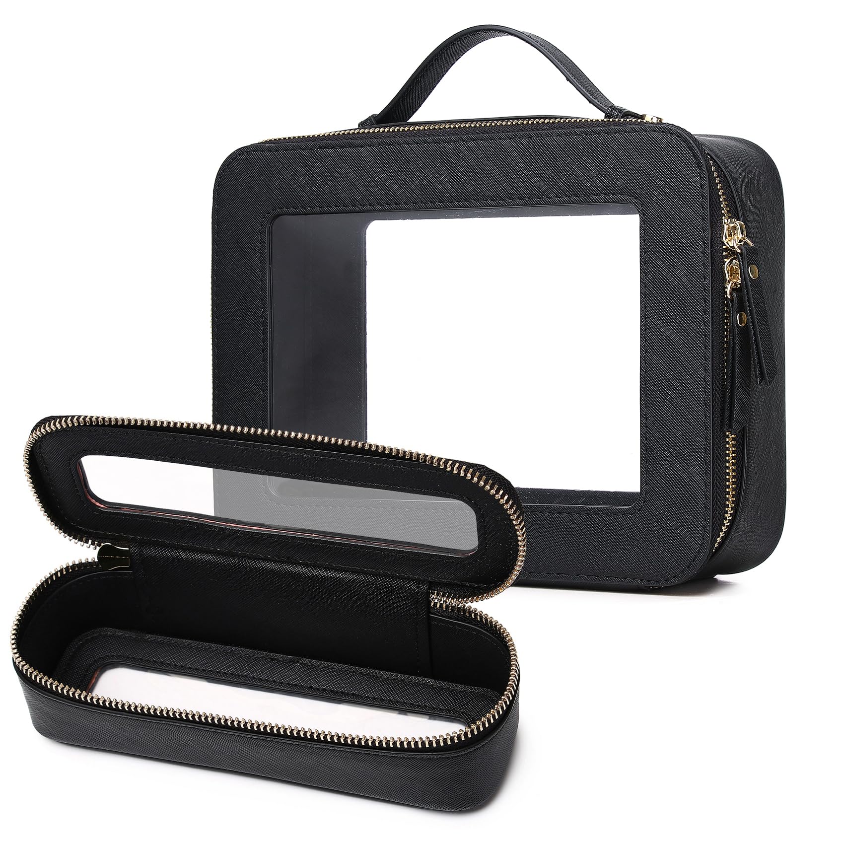 Travel Makeup Bag with Brush Case Portable Transparent Cosmetic Bag and Toiletry Bag Waterproof Makeup Organizer with Zipper Car Essential for Women (Black, L+Slim)