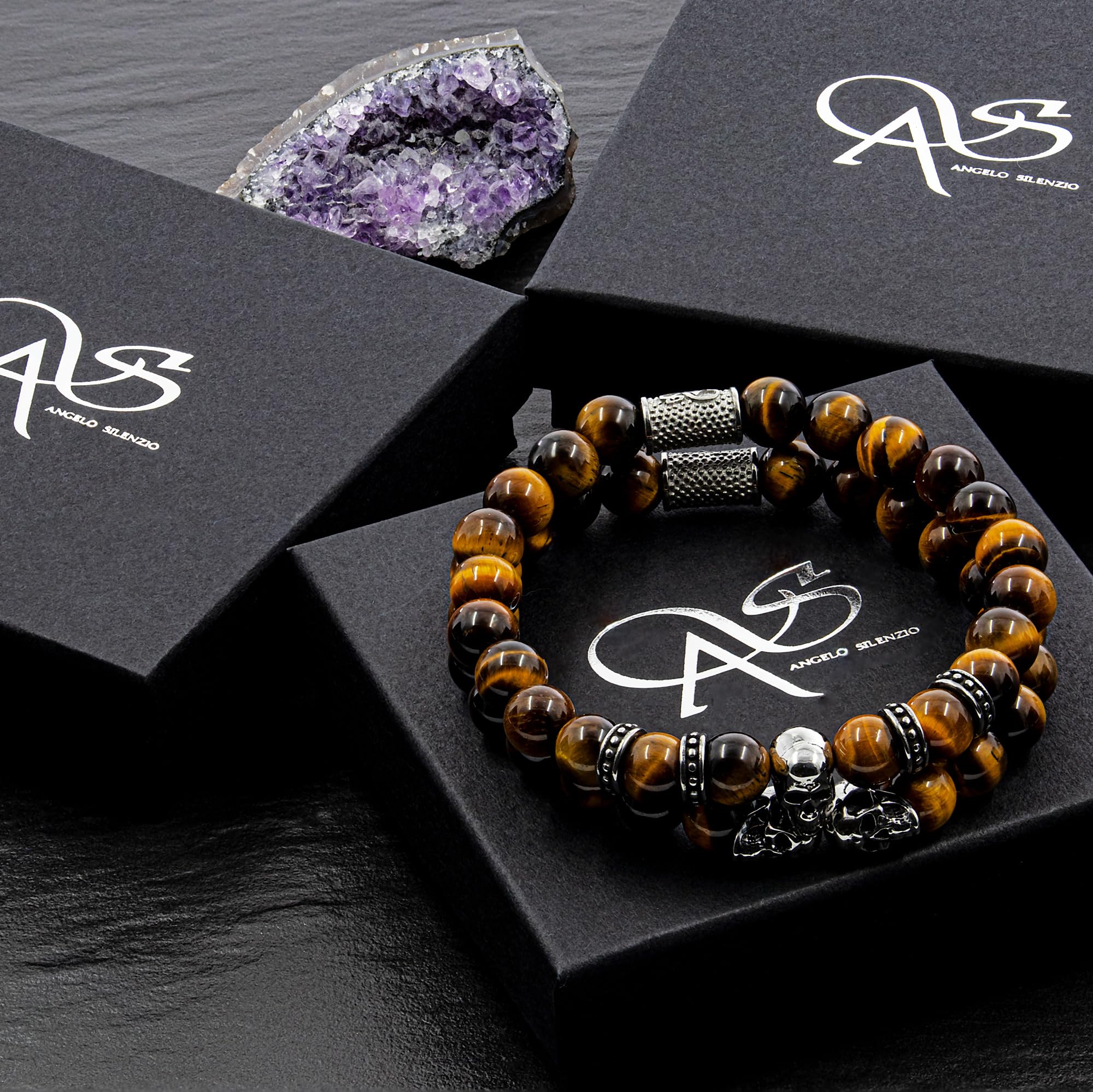 Tigerauge Armband Bracelet Perlenarmband Perlen 8mm Memento Mori Edition Silver Skull Stack Damen Herren Doppelarmband Edelstahl