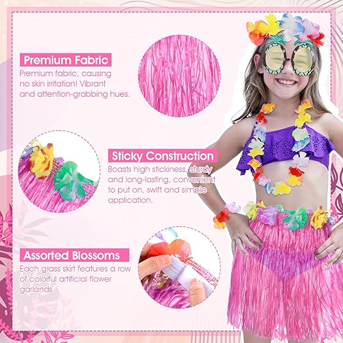 Vista 3 de Paquete de 6 faldas de hierba hawaiana para niñas, falda de baile de Hula lindos anteojos, accesorio de disfraz de hula, vestido de fiesta de verano