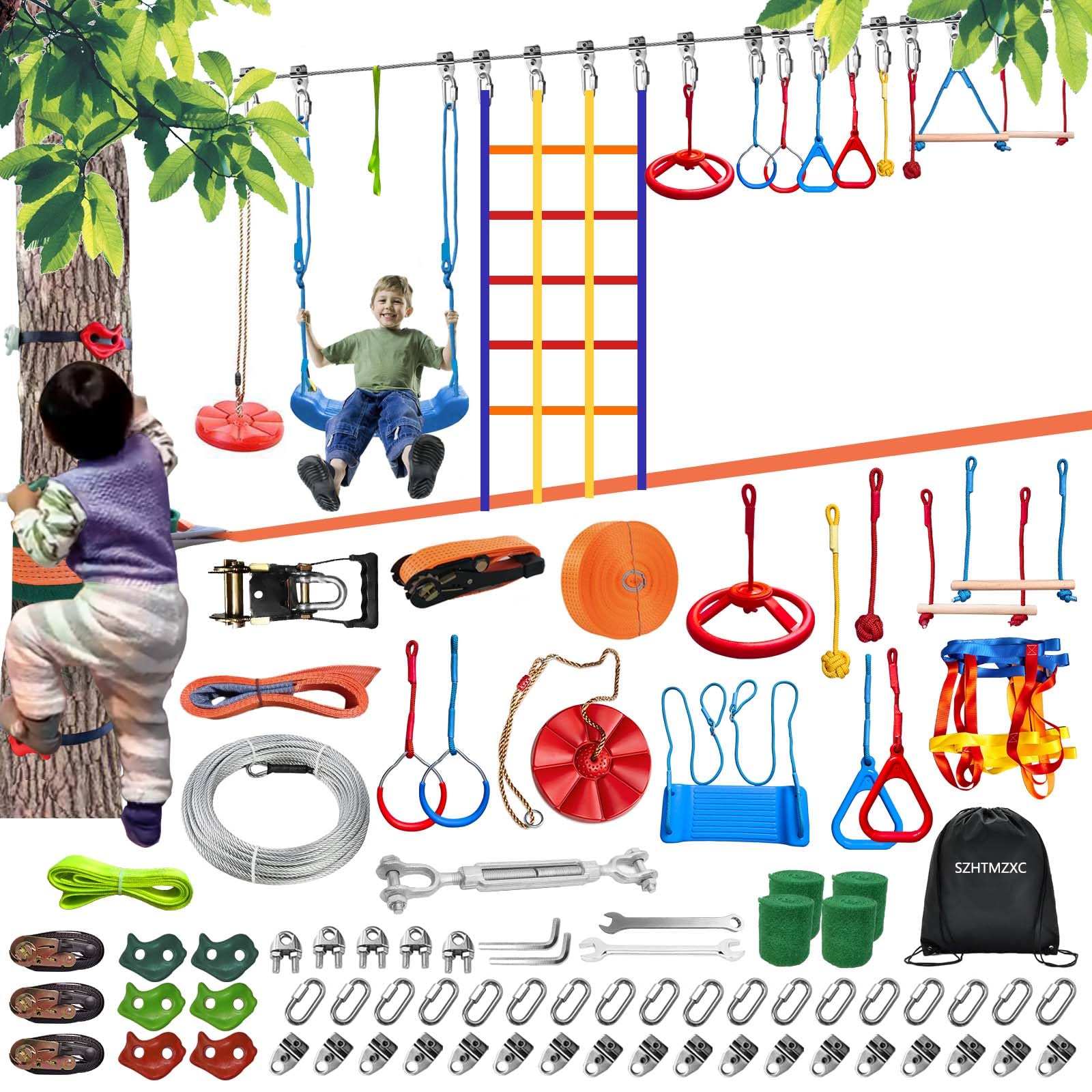 SZHTMZXC 2 x 65FT Ninja Warrior Obstacle Course for Kids Backyard Outdoor, Stainless Steel Rope 500lbs, Ninja Bottom Slackline, Monkey Bars, Climbing Net (65FT 13Pcs Ratchet Bottom Rope Tree climbing)