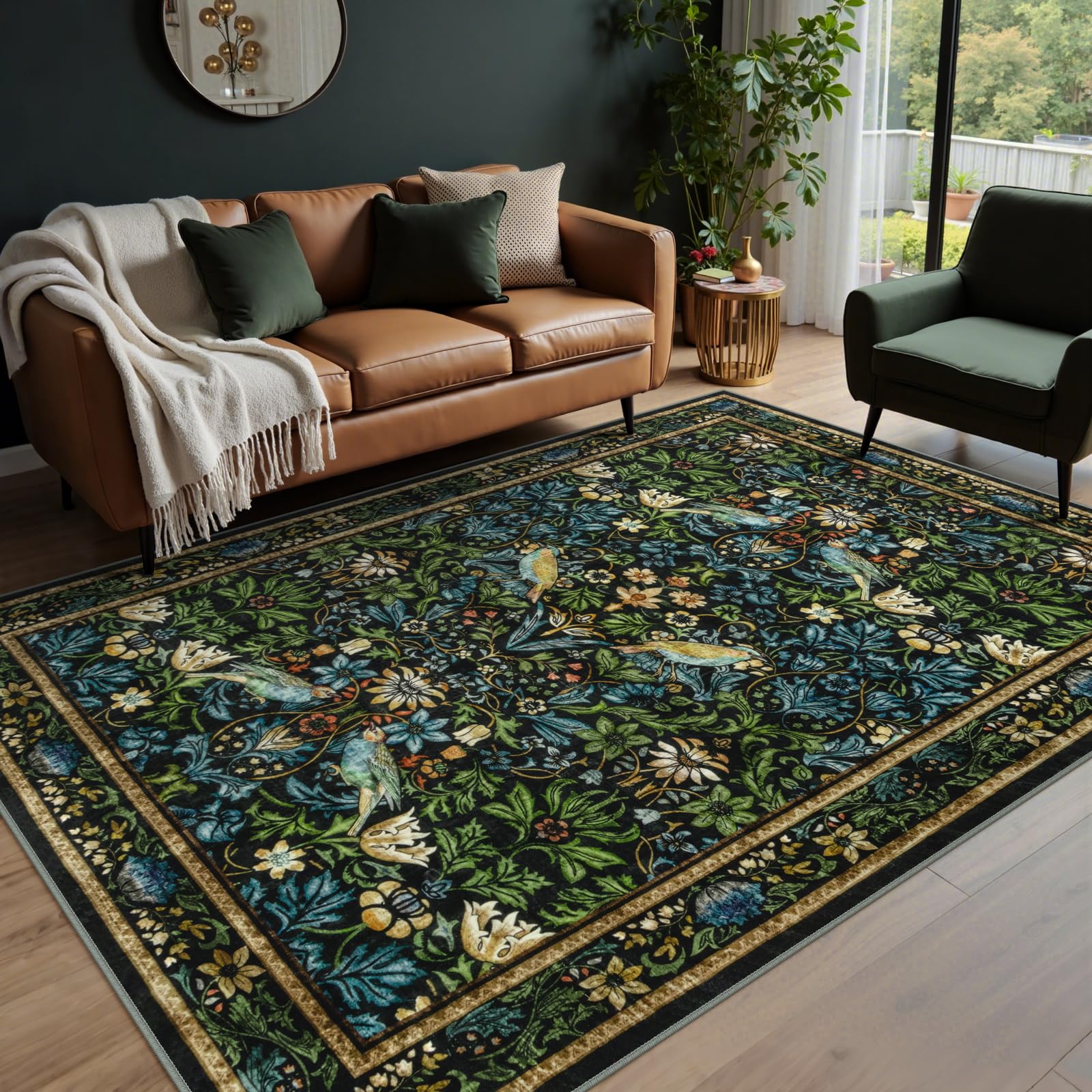 Rugalia Botanical Washable 6x9 Area Rugs, Soft Navy Blue Floral Rugs for Living Room Ultra Thin Non-Slip Vintage Bedroom Rug, Boho Flower Birds Indoor