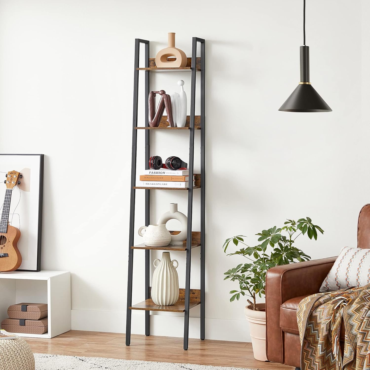 VASAGLE Bookshelf, 5-Tier Narrow Book Shelf, 11.8 x 13.3 x 66.9 Inches, Ladder Shelf for Home Office, Living Room, Bedroom, Kitchen, Rustic Brown and Ink Black ULLS109B01 - Image 2