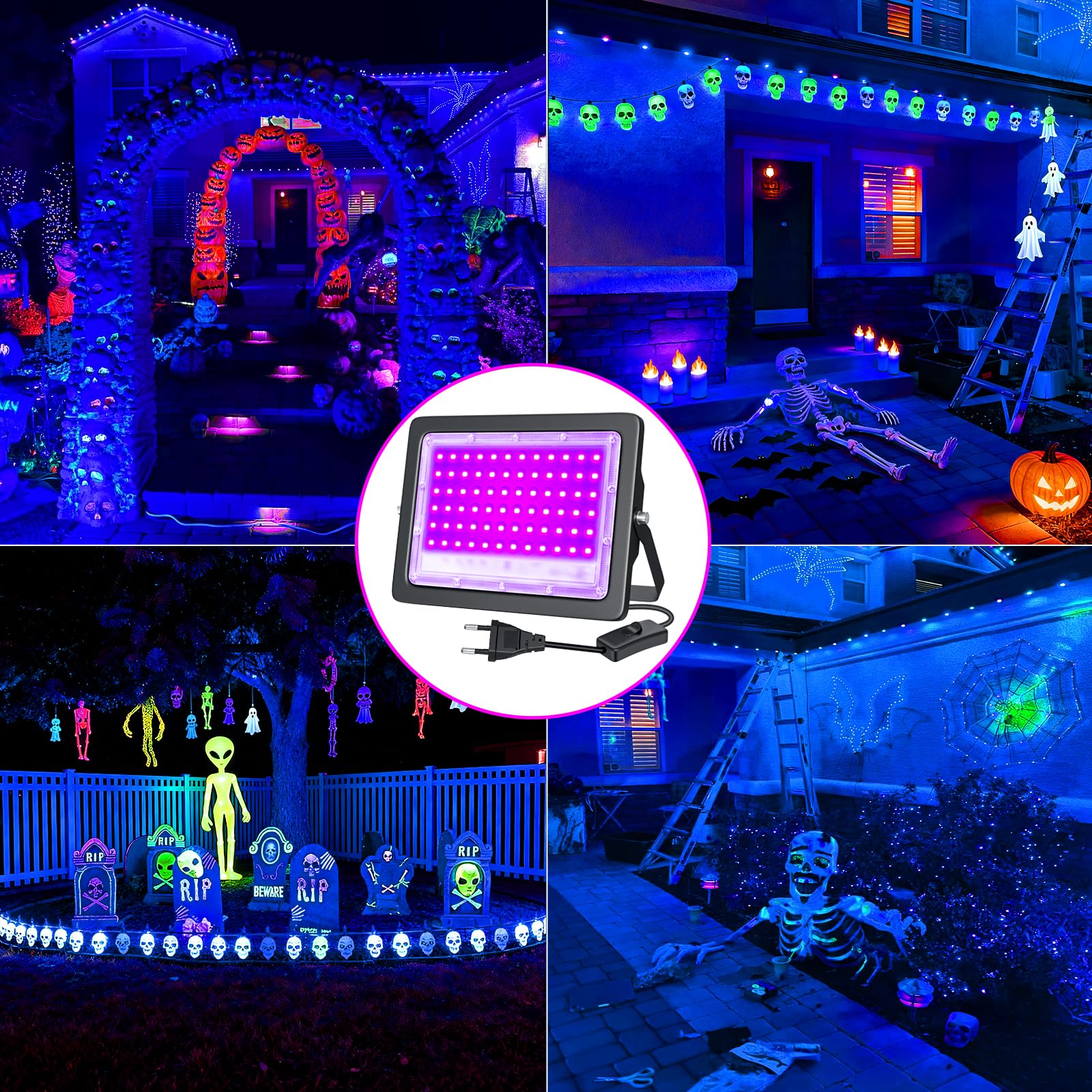 LED Luz Negra UV,2Pcs 100W Foco UV Ultravioleta 385-400nm,IP66,Resistentes al Agua,con Enchufe e Interruptor,para Decoración de Halloween,Fiestas,Iluminación de Escenario y Navidad