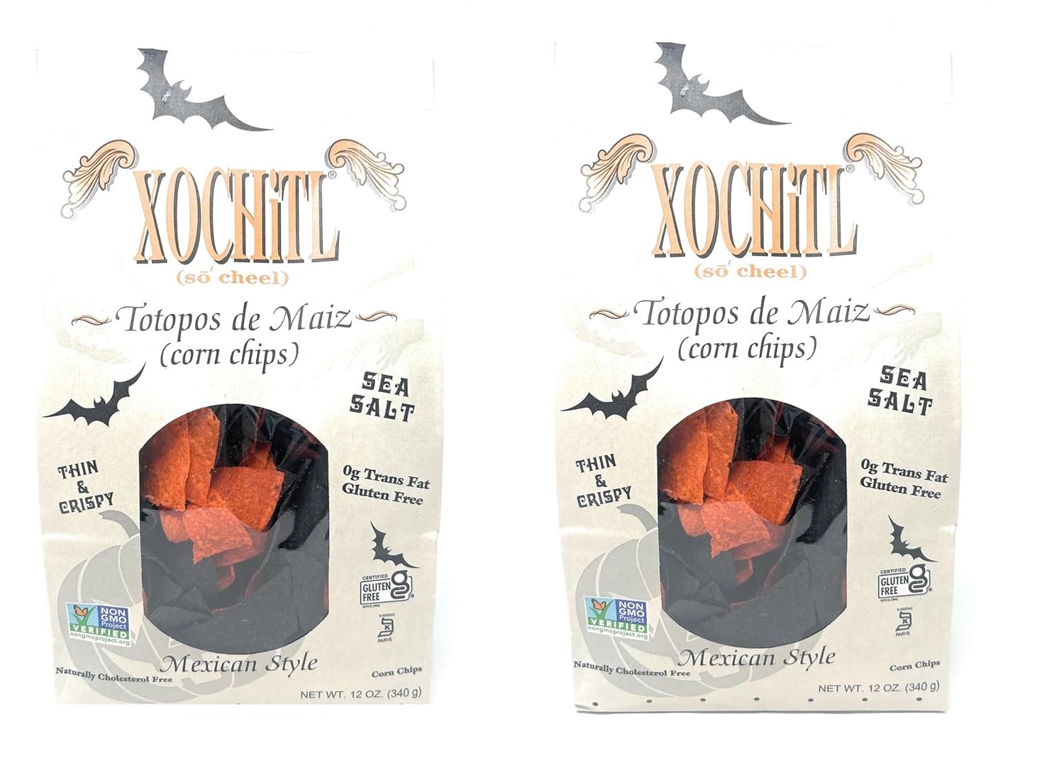 Xochitl Halloween Totopos de Maiz Corn Chips Thin and Crispy Sea Salt Mexican Style 12 oz (2 bags)