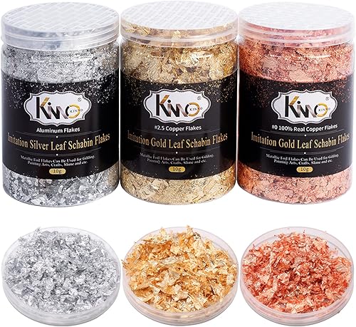 KINNO - Escamas doradas color 2.5 imitación oro, plata, color 0 cobre real, 3 botellas de láminas metálicas para pintar artes y manualidades, arte