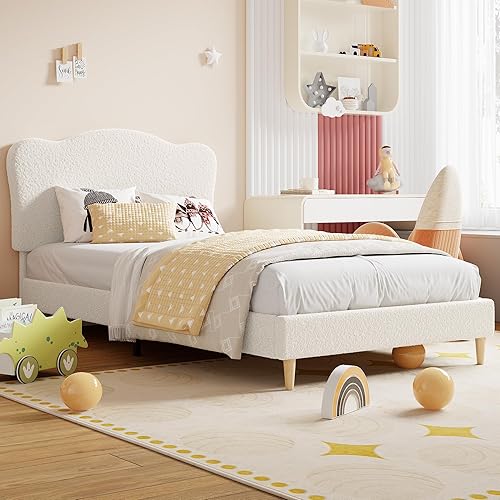 GarveeHome Upholstered Twin Size Bed Frame for Kids with Scallop Headboard, Cute Velvet Twin Bed for Girls, Boys, Sturdy Platform Bed, No Box Spring Needed, Wooden Slats, Noise Free, Beige