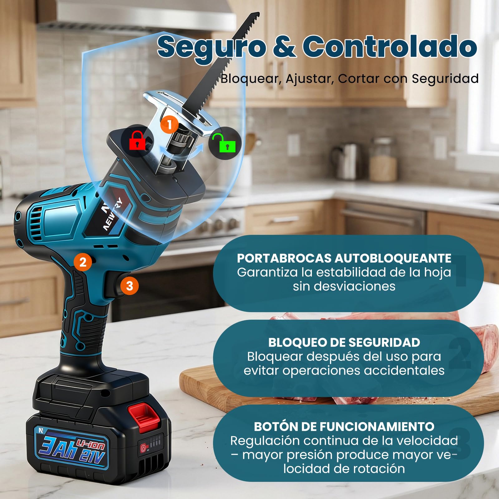 NEWTRY Sierra huesos inalámbrica 3000mAh 3500RPM 4 hojas carnicero | Sierra sable eléctrica, inalámbrica, potente, duradera, para carne, huesos, uso doméstico, matadero, alta eficiencia