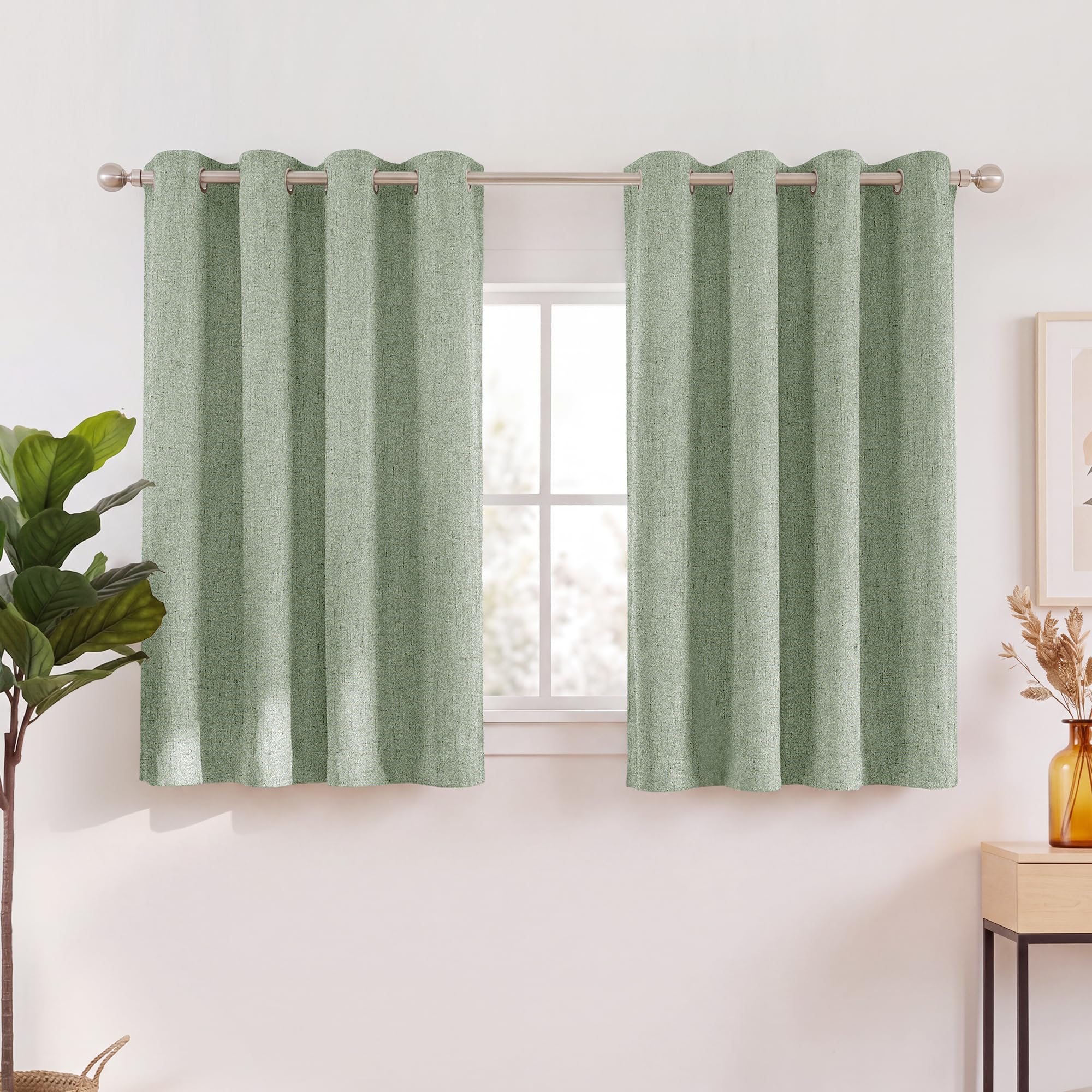 NICETOWN 100% Blackout Sage Green Linen Kitchen Curtains W52xL48