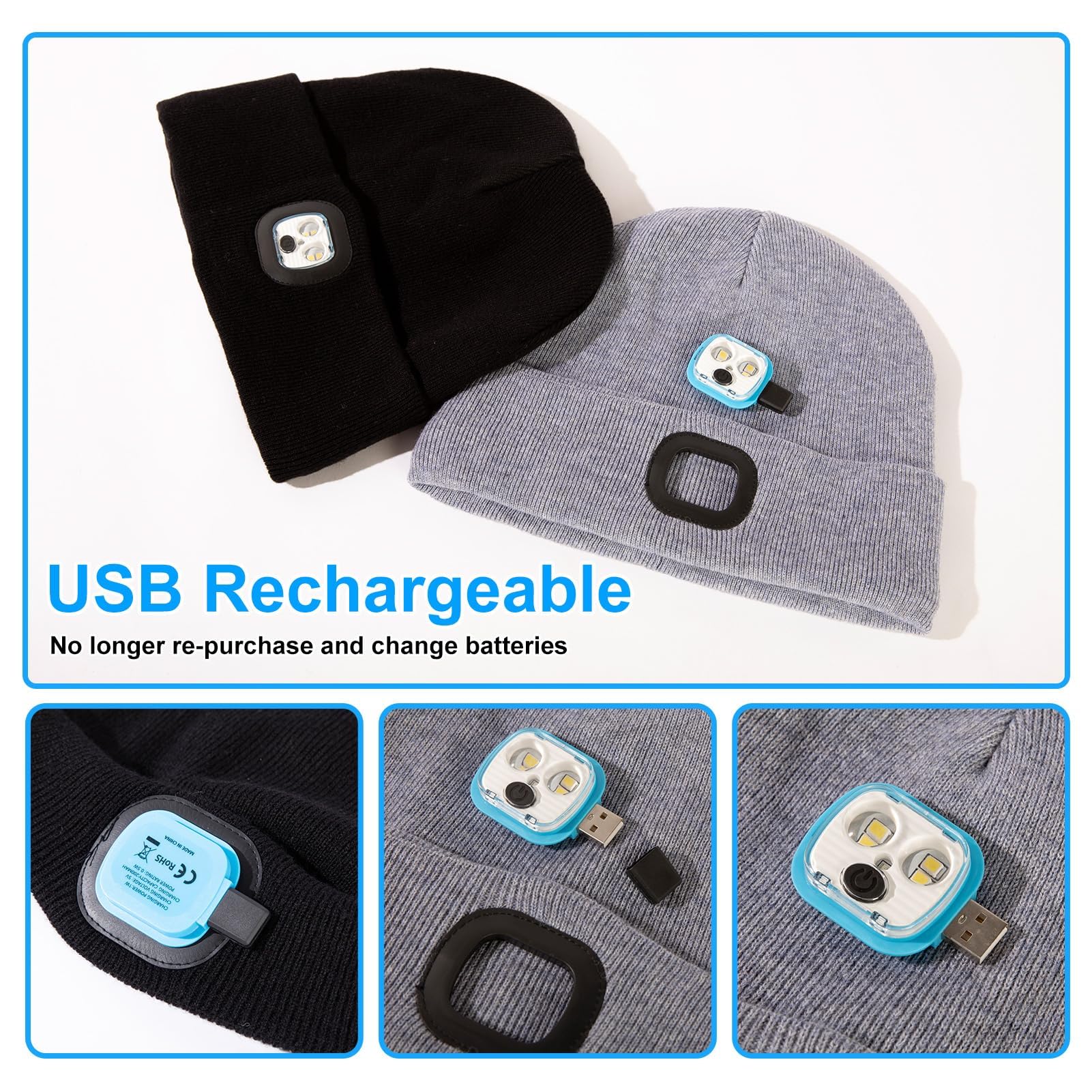 TOP-EX Gorros de lana merino de gran tamaño, XL, XXL, LED, unisex, con antorcha de luz, regalos para papá, impermeables, recargables, para correr, pasear al perro