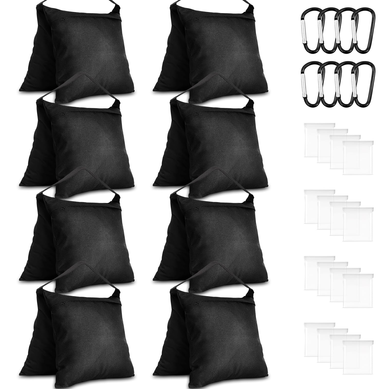 8 Stück Fotografische Leere Sandsack-Sets für Lichtständer, Gewichtstaschen für Fotostative, Schwere Satteltaschen mit Karabinerhaken & PE-Beuteln – Für Stativ, Zelt, Pavillon, Schirmständer – Schwarz