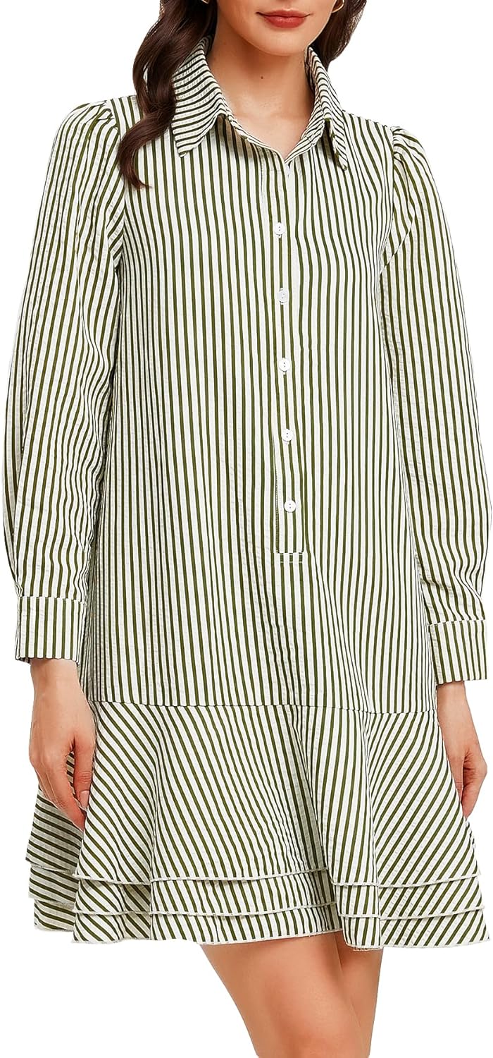 Ladyful Long Sleeve Striped Shirt Mini Dress for Women Button Down Ruffle Tiered Drop Waist Shift Tunic Short Dress