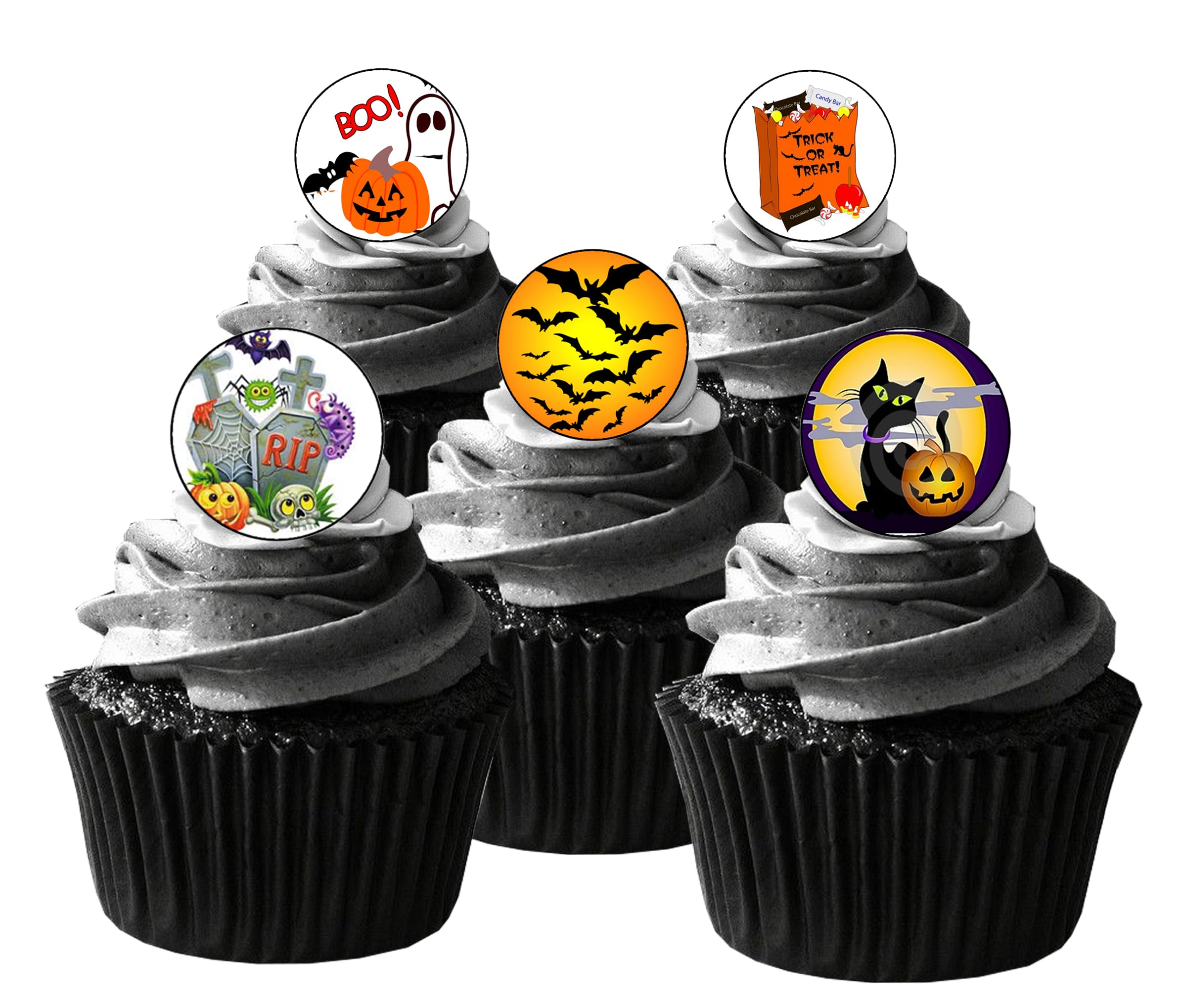 48 Halloween Themed Edible Wafer Paper Round Cake Toppers Decorations