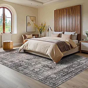 GarveeHome Area Rugs 3x5 Vintage Printed Floor Carpet with Non-Slip Backing, Stain-Resistant Oriental Throw Bedside Washable Farmhouse Low Pile Rugs for Living Room, Bedroom, Office, Green Camel