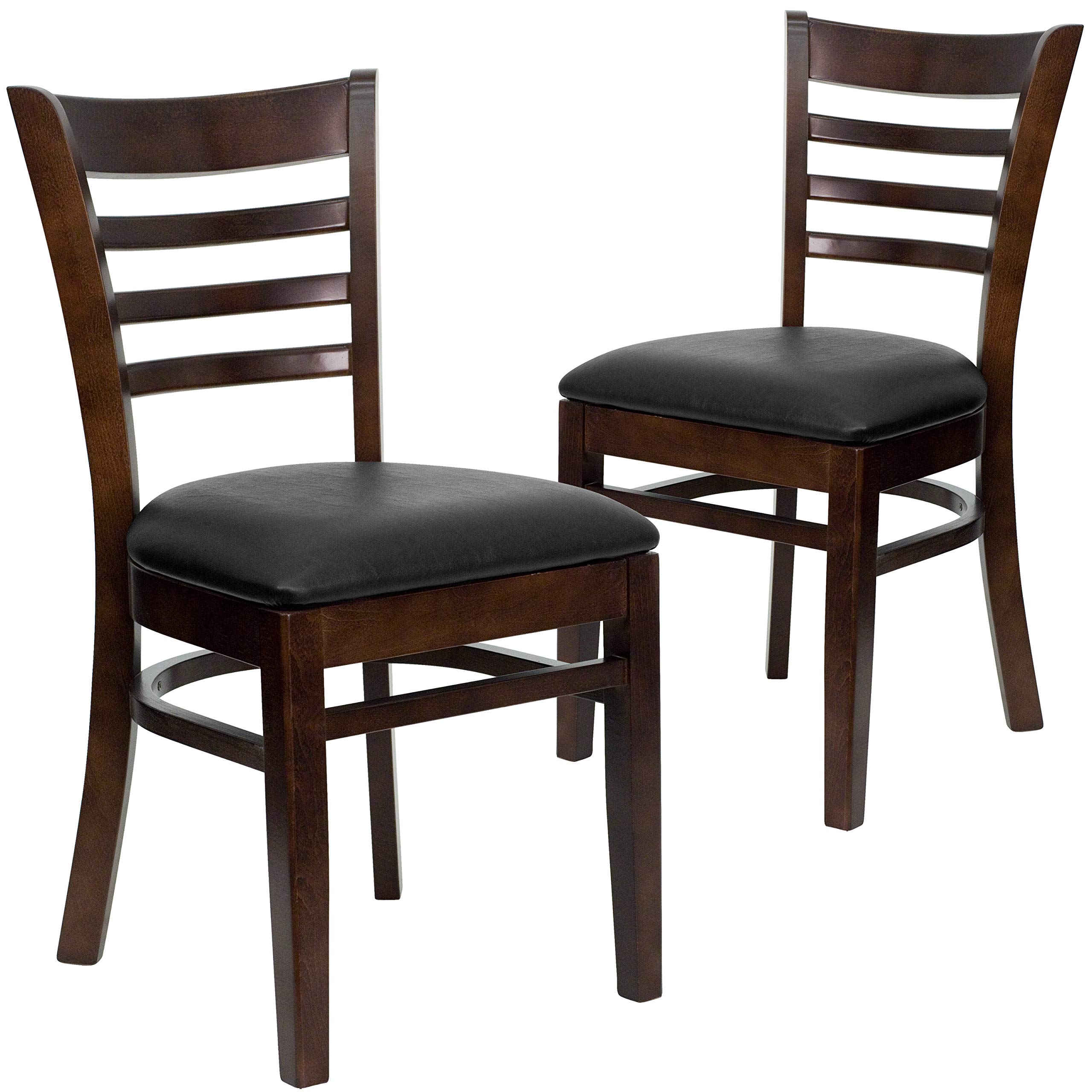 BizChair 4 Pack Ladder Back Walnut Wood Restaurant Chair - Black Vinyl Seat