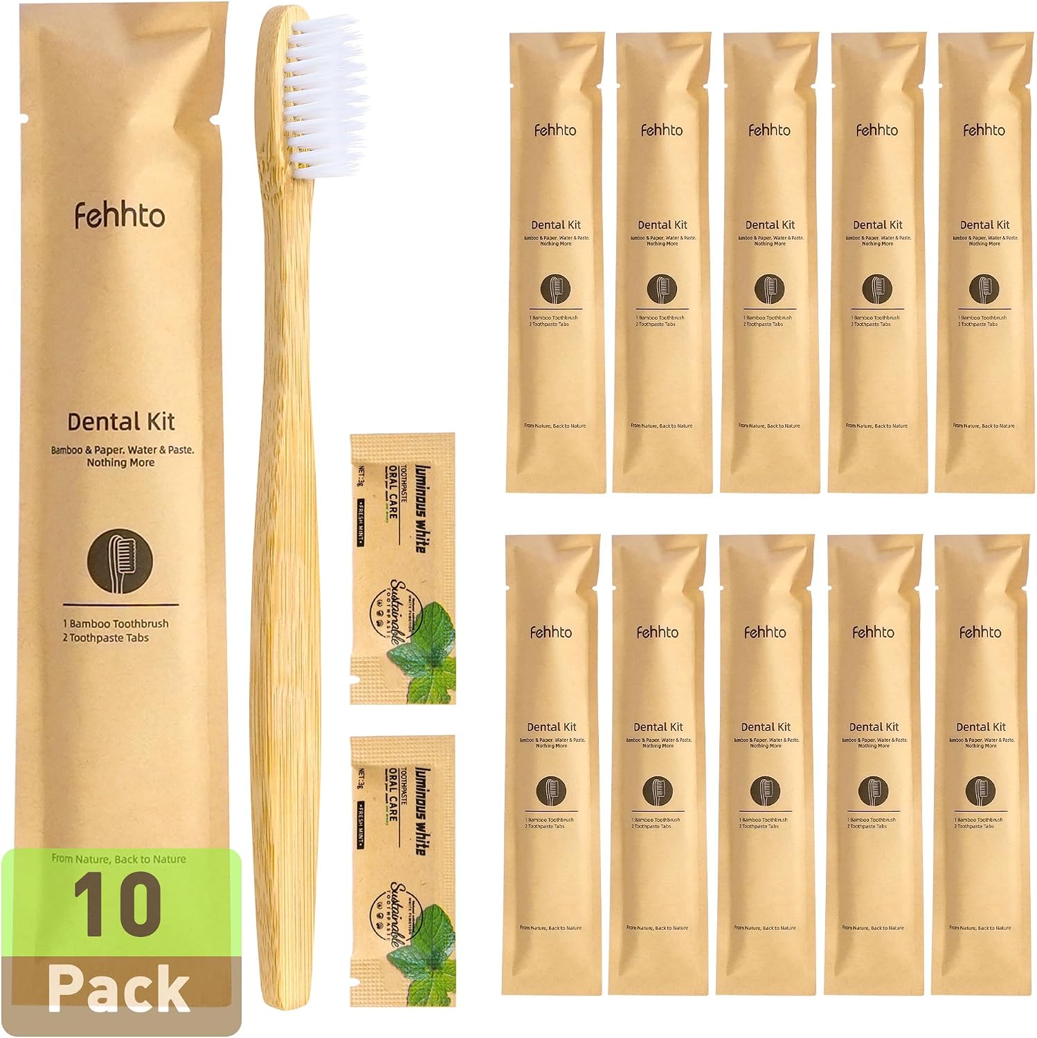 10 Pack Bamboo Toothbrushes Kit, Disposable Travel Toothbrushes with Toothpaste (6g), Individually Wrapped Guest Dental Kit for Hotel Amenities, Airbnb Hosts, Travel & Camping