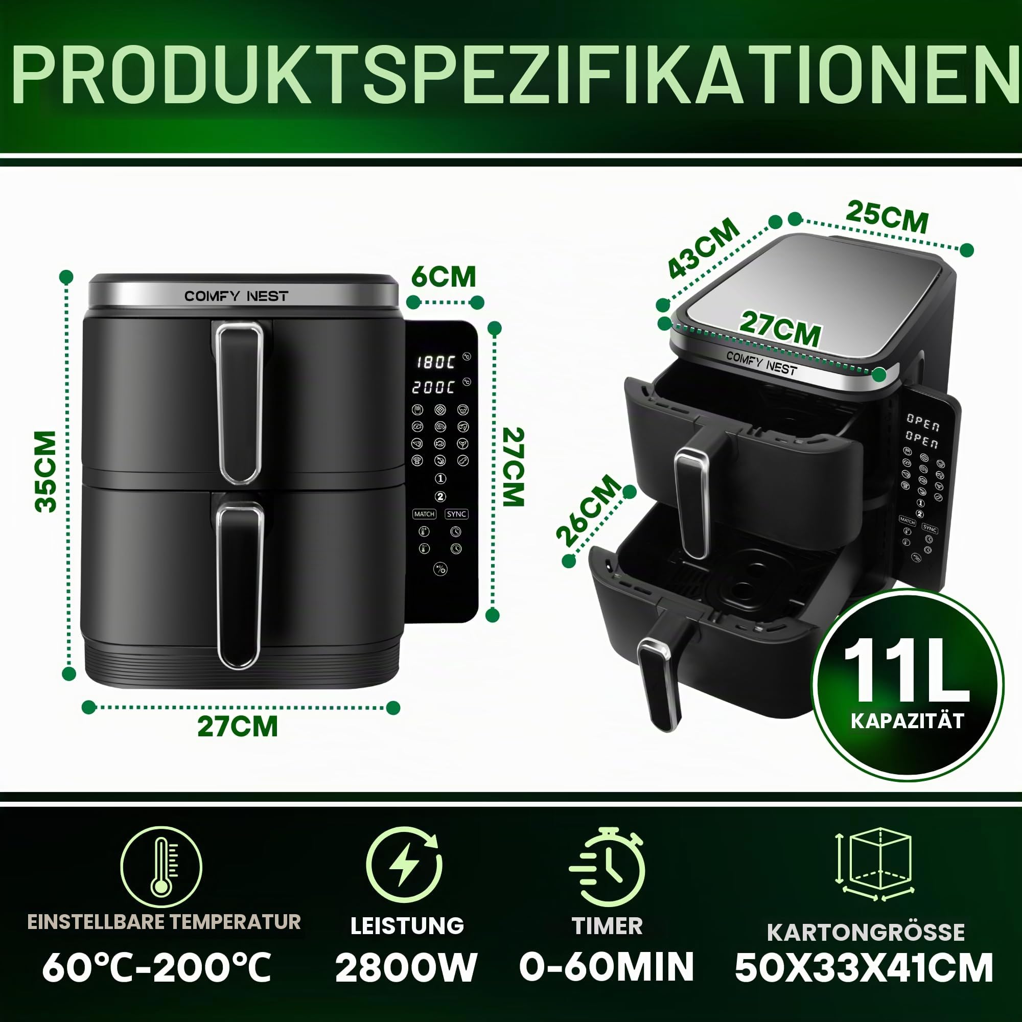 Comfy Nest, 11-Liter-Doppelkorb-Luftfritteuse, Heißluftfritteuse, gleichzeitiges Kochen, digitaler Touchscreen, Rapid Air-Technologie, erhöhte Sicherheit, leicht zu reinigen – 5,5 l, Schwarz