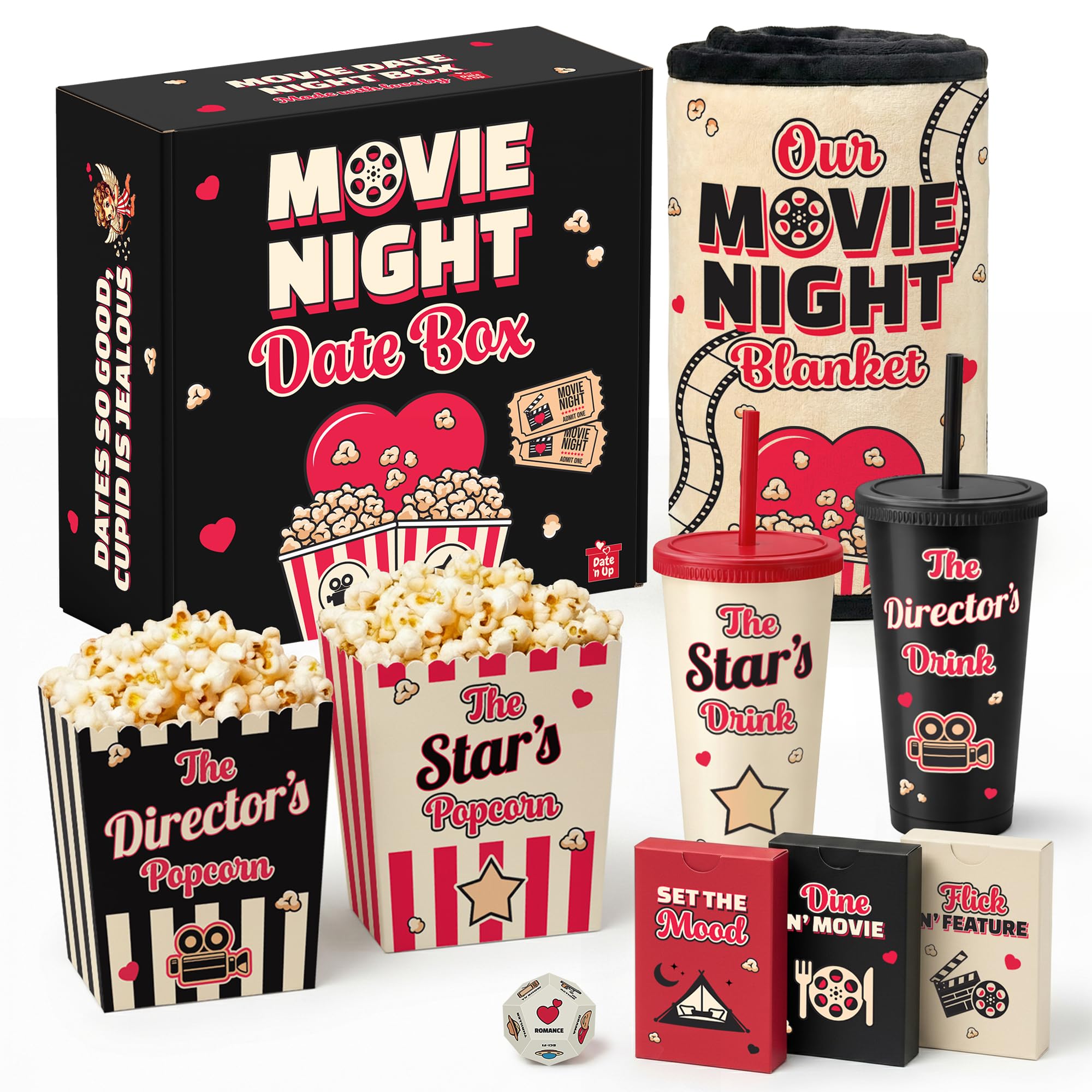 Movie Night Date Night Box for Couples, Perfect Valentines Day Gifts with Couples Blanket, Popcorn Bowl Buckets, Re-usable Cups, Date Night Generator