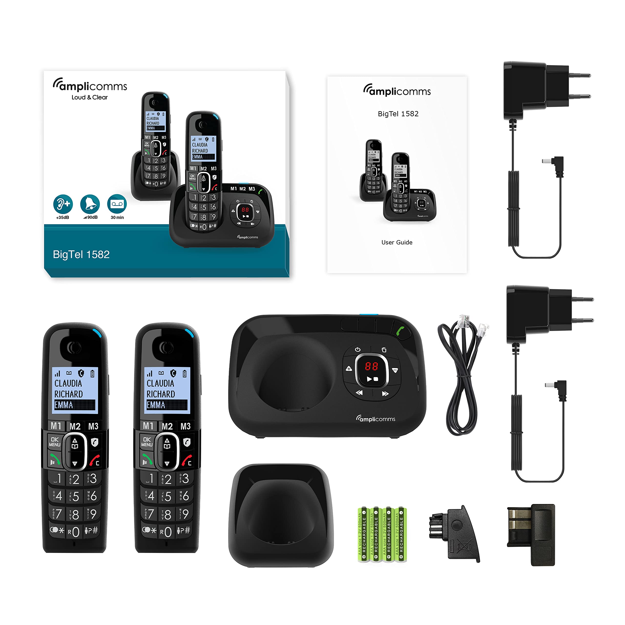 Amplicomms BigTel 1582 Duo, téléphone DECT sans Fil à Grosses Touches, répondeur, Deux combinés, Audio-Boost, sonneries puissantes, Compatible avec Aides auditives, Fonction Blocage des appels