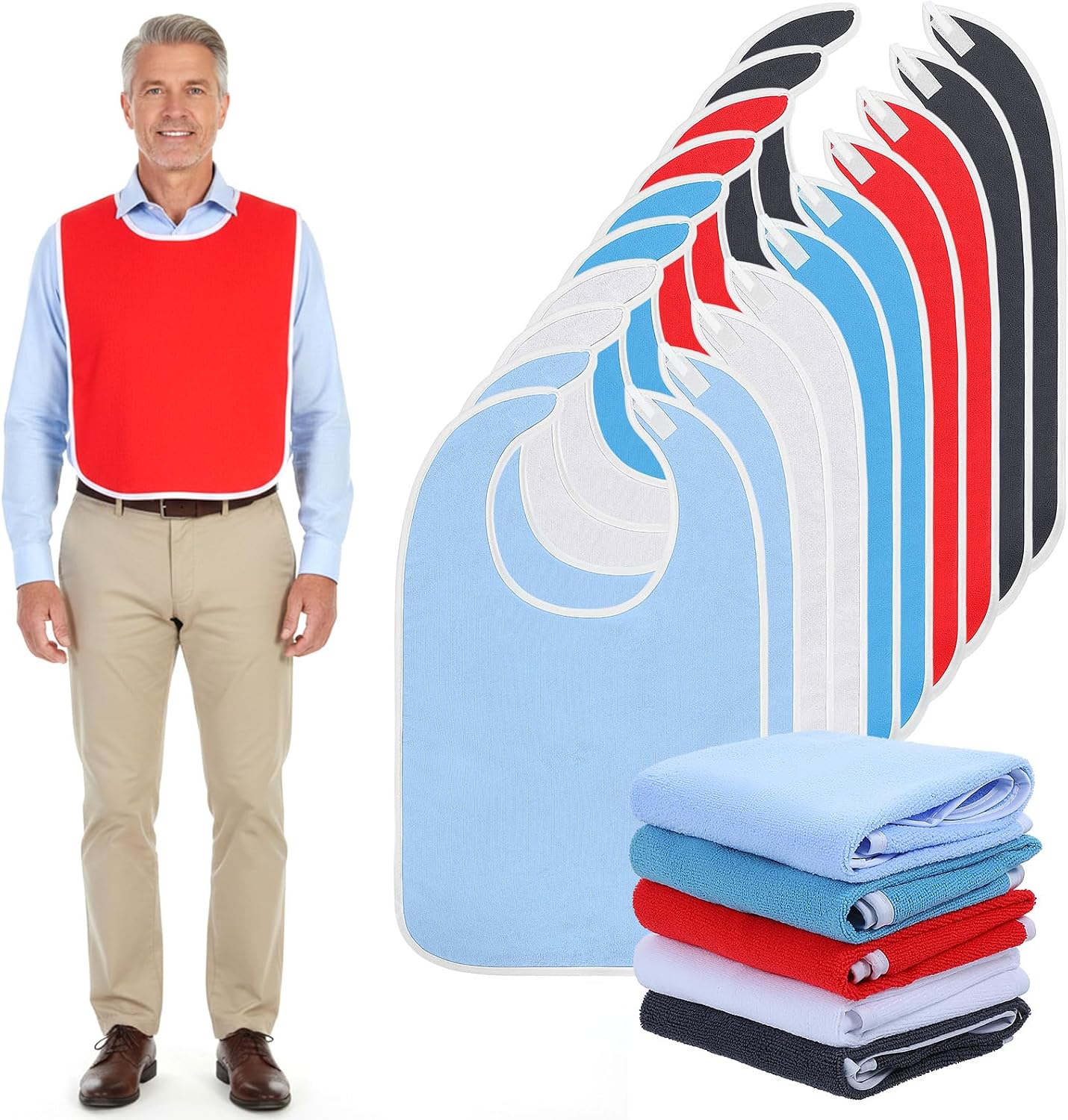 10 Pcs Adult Bibs Washable Clothing Protector for Men Women Adjustable Eating Cloth for Elderly Seniors and Disabled