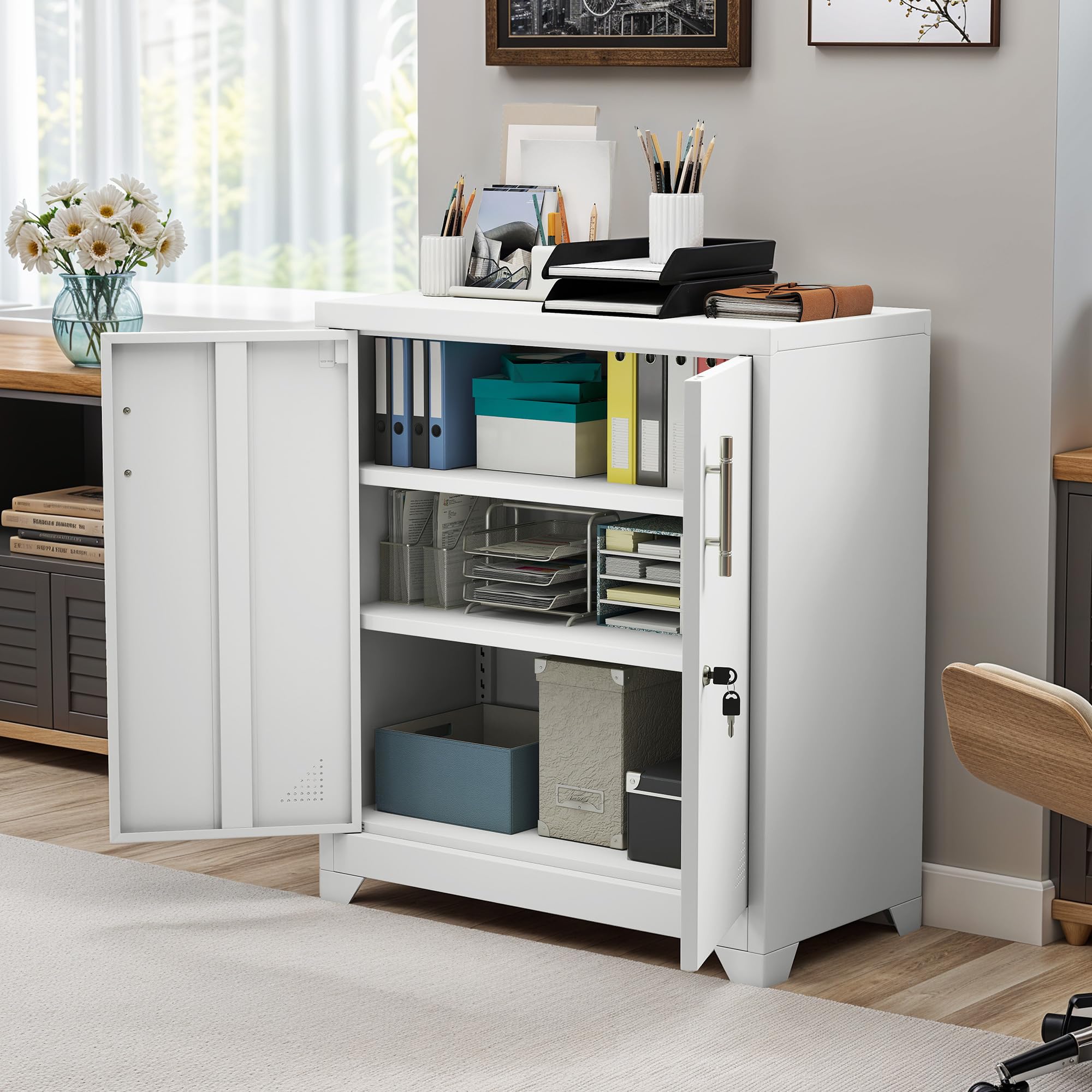 DWVO Büroschrank, Metall-Büro-Aufbewahrungsschrank mit 2 verstellbaren Regalen, abschließbare Aktenschränke mit Belüftungslöchern, für Zuhause, Büro, Garage, Schule, 80 x 40 x 90 cm, Weiß