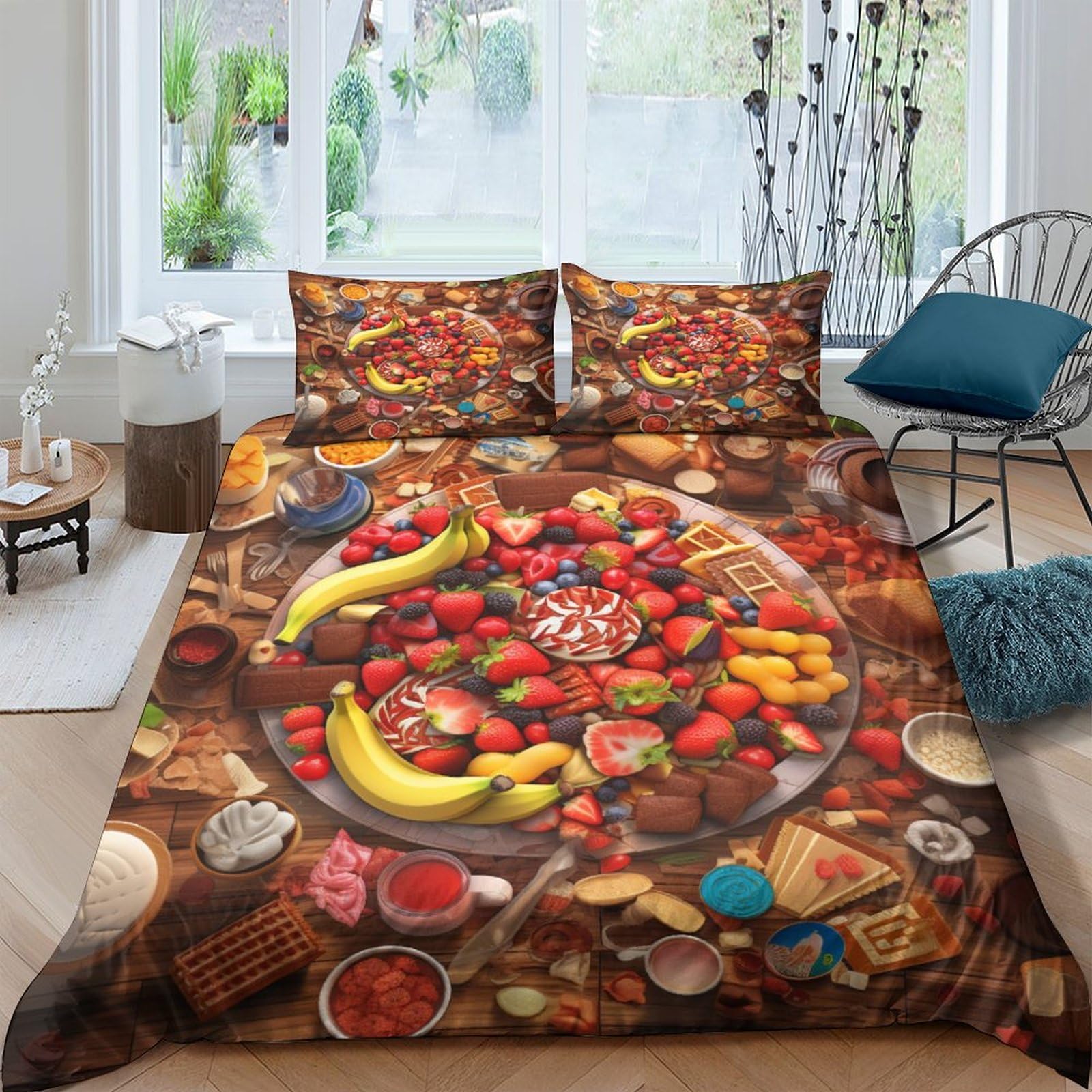 Housse de couette banane fraise 3 pièces King 220x240cm avec taies d'oreiller motif gâteau