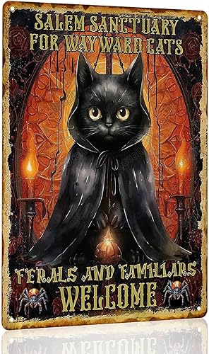 Gocolt Letreros de metal de gato negro de Halloween, letreros de santuario de gato callejero de Salem, póster de bienvenida felino para decoración