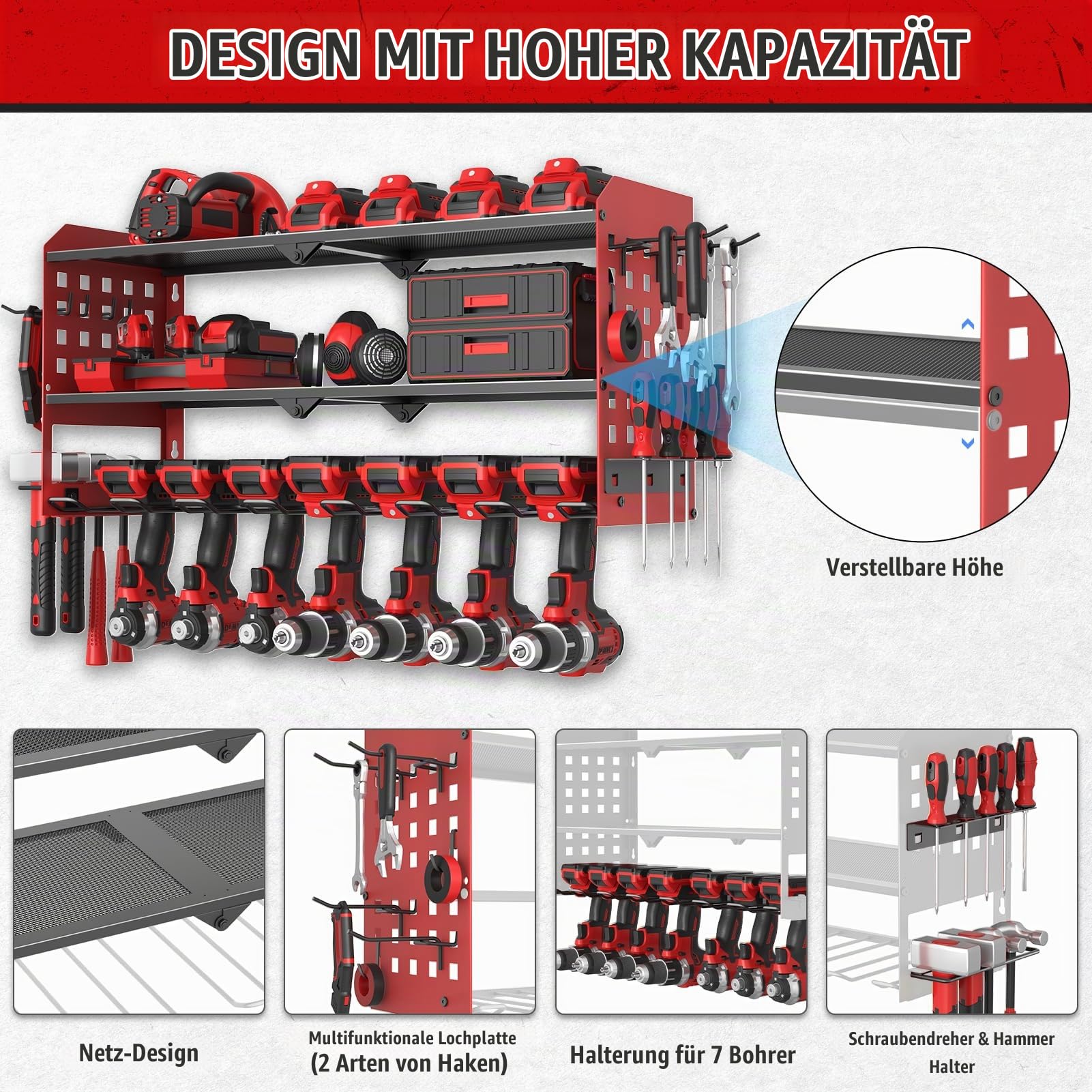 Yeabett 3 Ebenen Werkzeug Wandhalterung, Werkzeugspeicher Aufbewahrung für 7 Elektrowerkzeug, Werkzeug Wandhalterung für Garage, Werkstatt, 64 * 20 * 31cm (Rot)